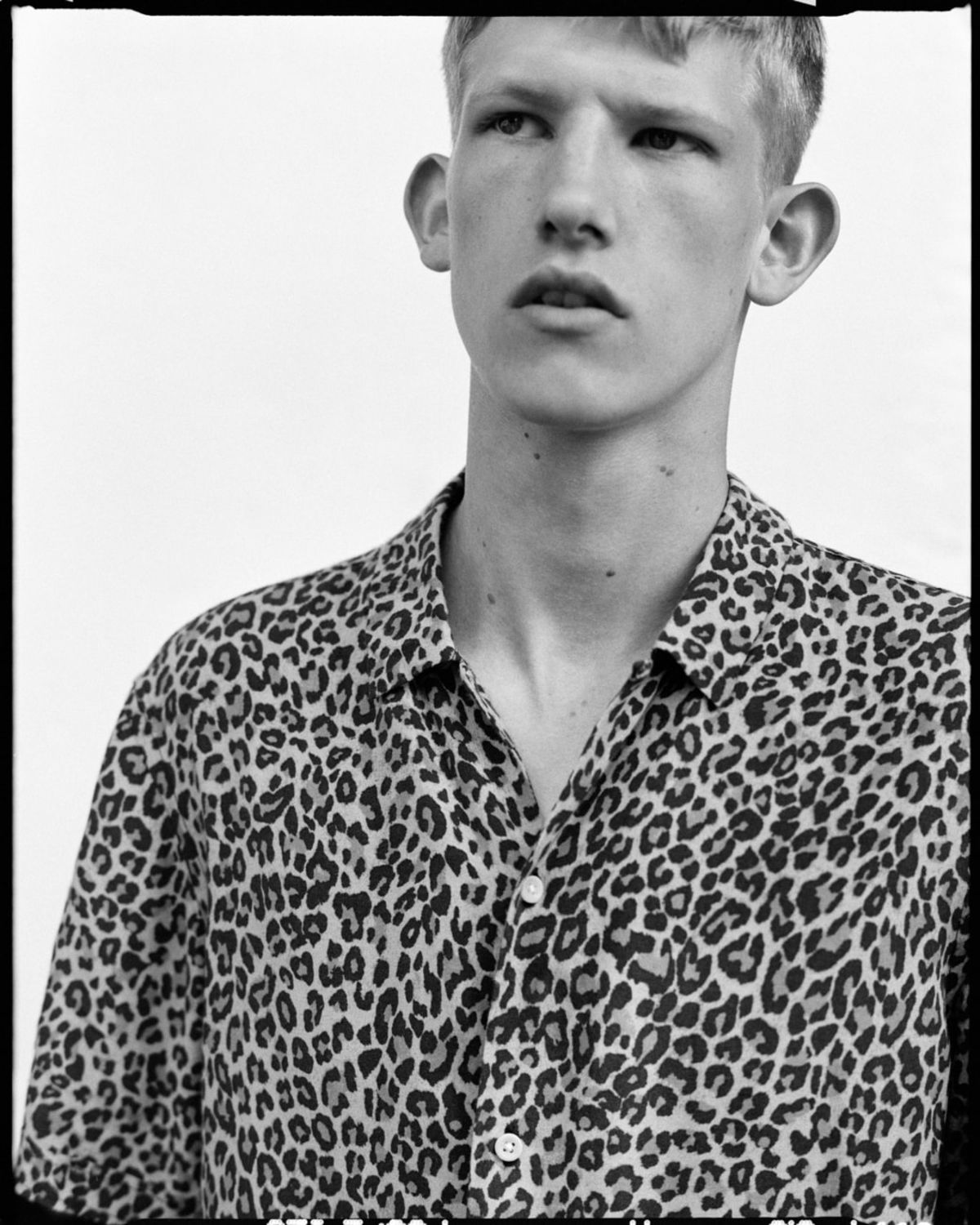 Ritratto di un uomo che indossa una T-shirt con stampa leopardata.
