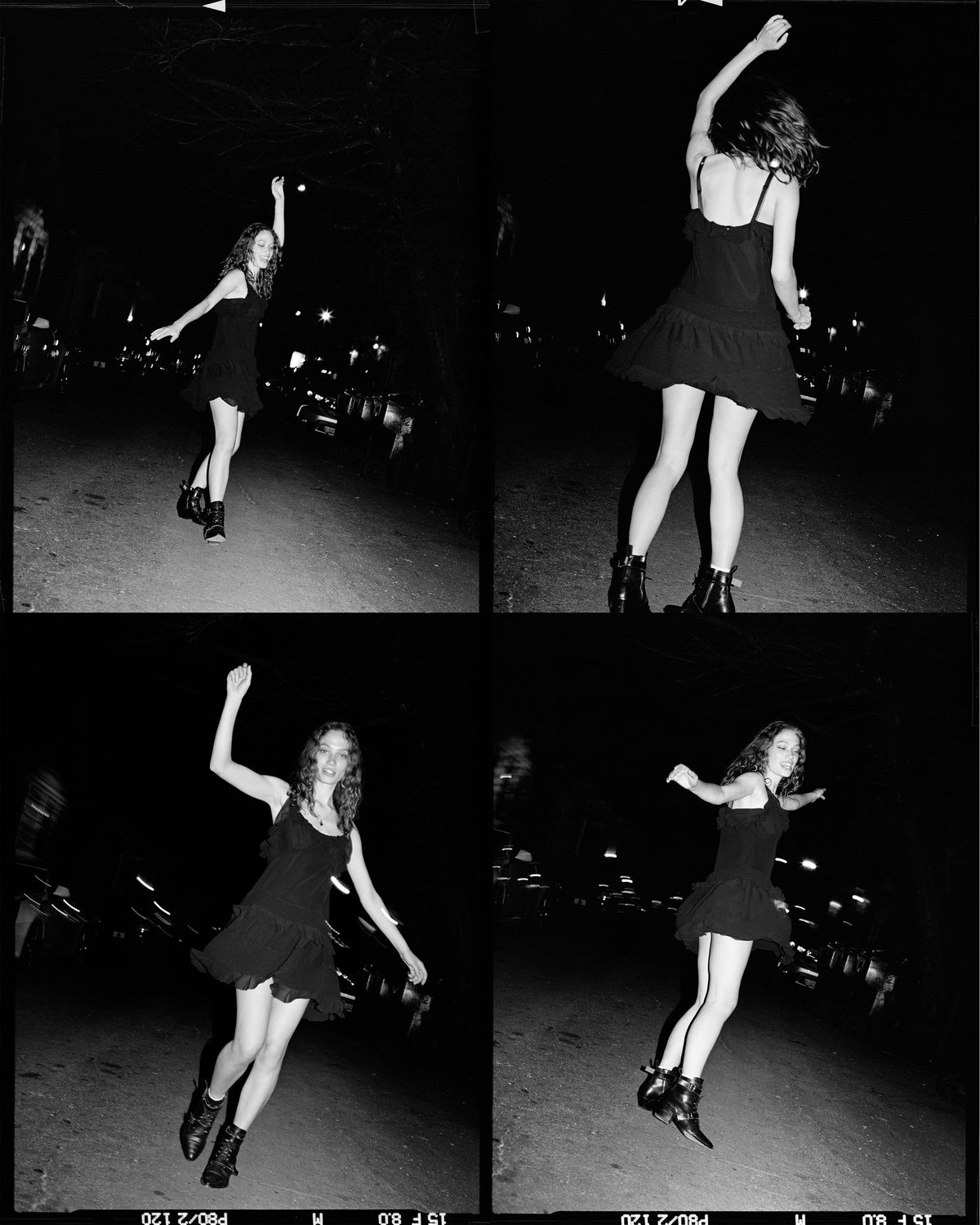Fotografía en blanco y negro de una chica bailando en la calle de noche con un vestido negro corto de nuestra última colección.
