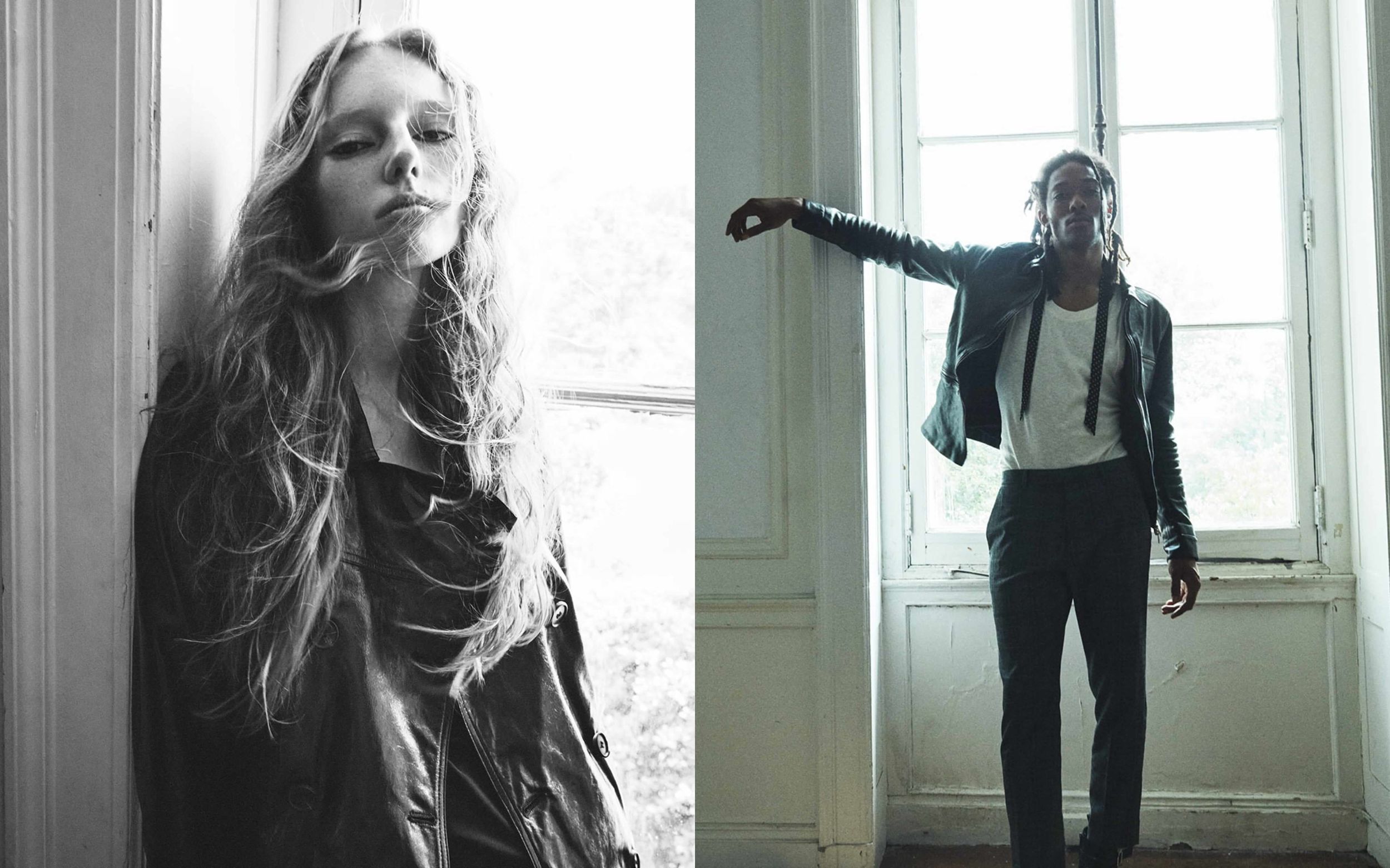 Two portraits of a woman and a man wearing items from our latest collection.