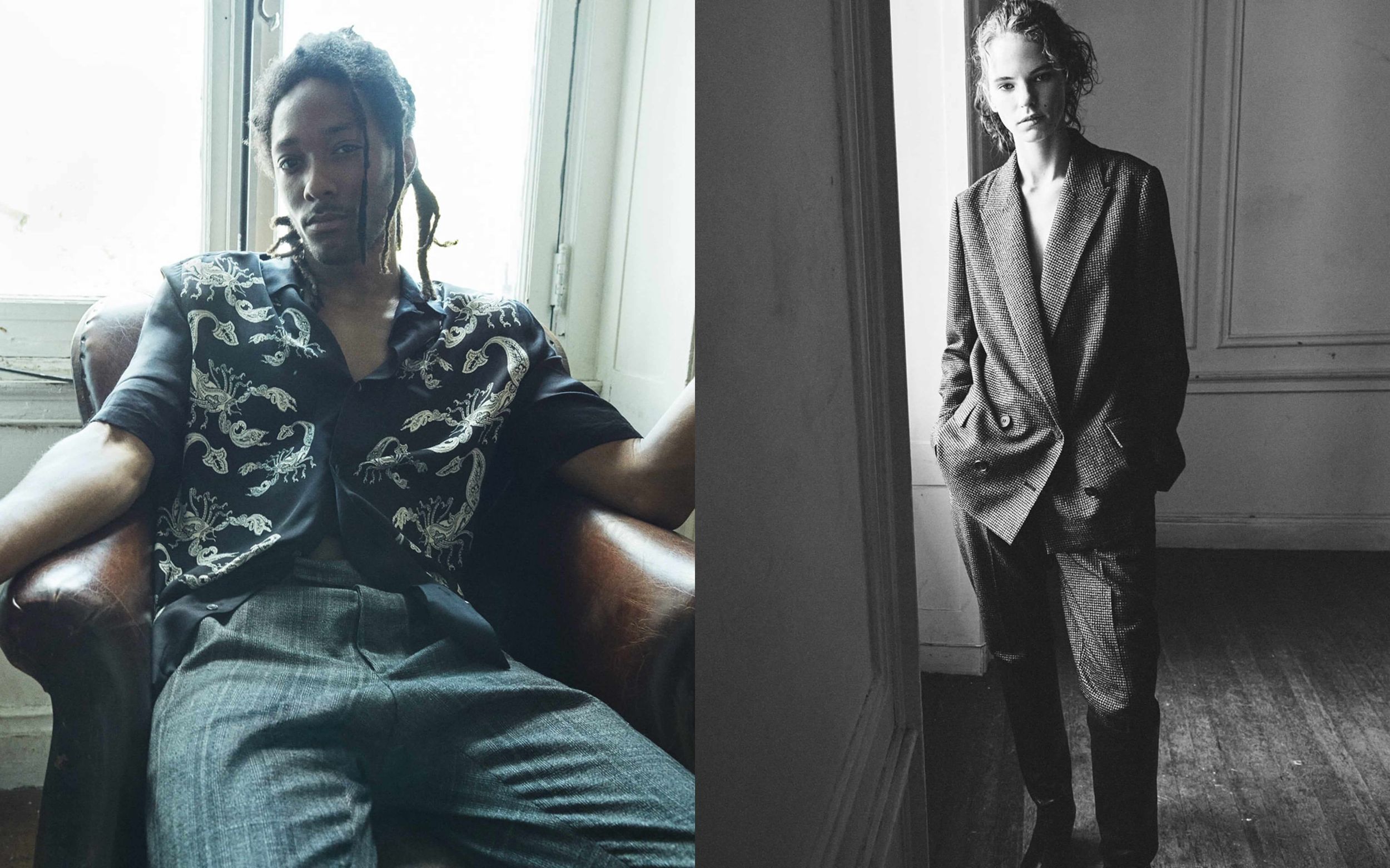 Two portraits of a man and a woman wearing items from our latest collection.