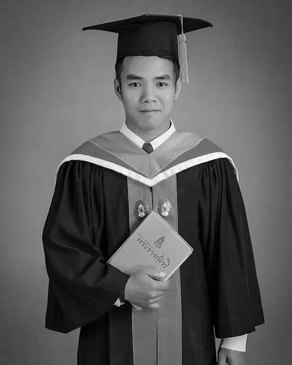 Black and white photo of Galow on his graduation day.