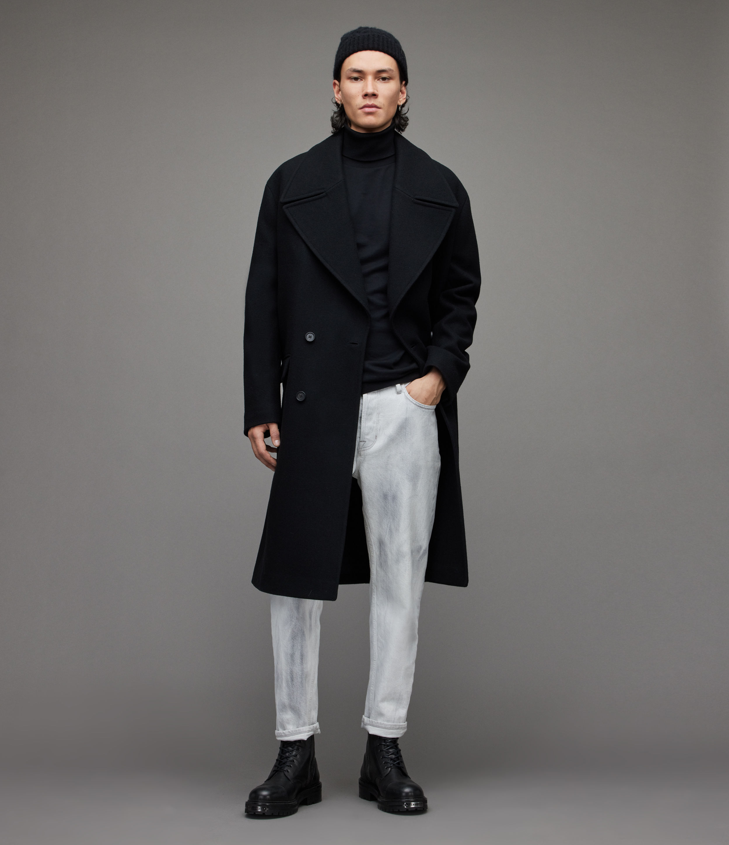 AllSaints Men's Cotton Lightweight Parlour Roll Neck Top, Black, Size: XS
