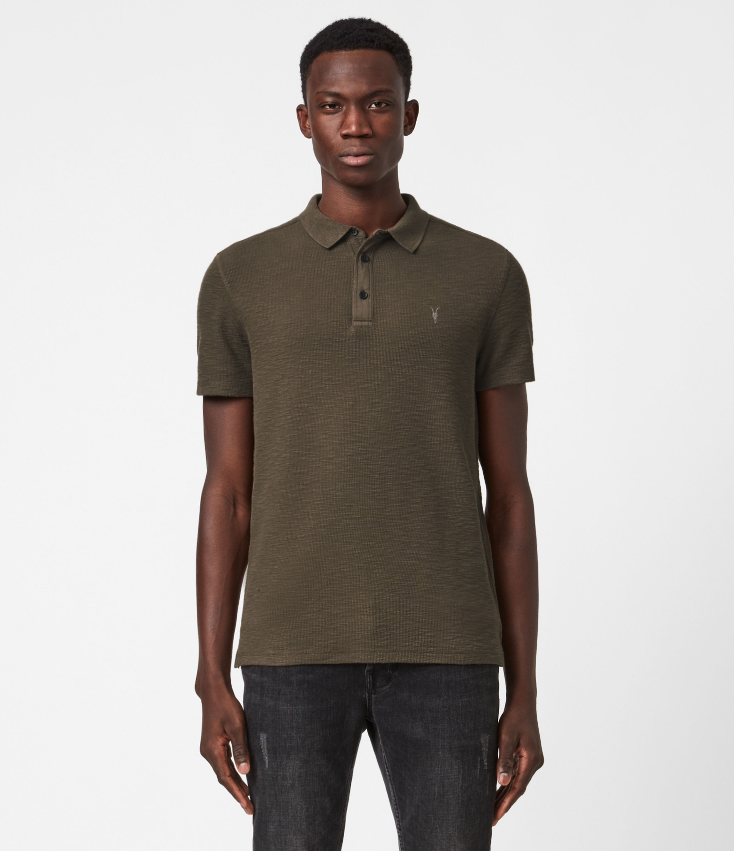 Allsaints Men's Cotton Texture Regular Fit Muse Short Sleeve Polo Shirt In Forest Brown