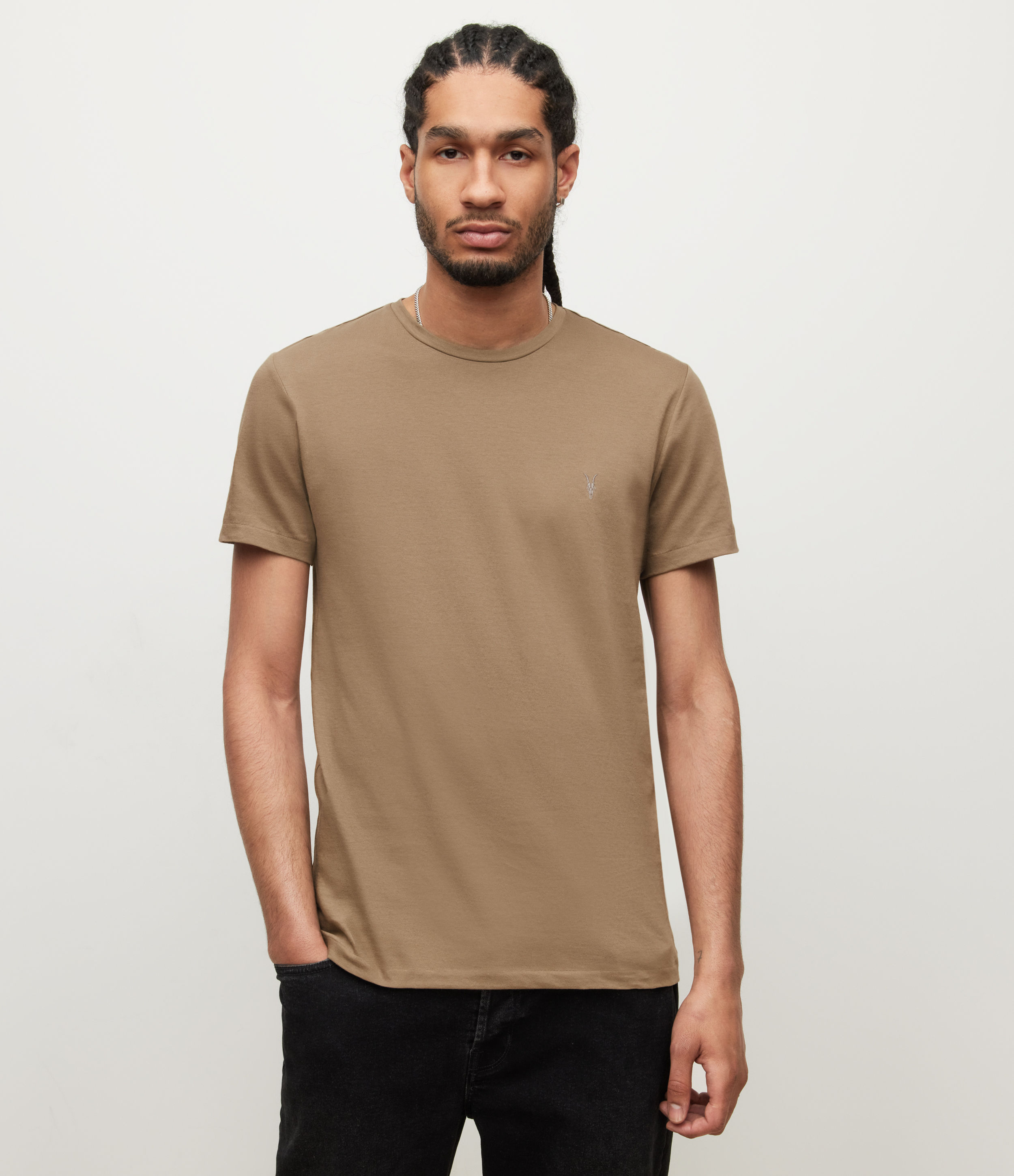 AllSaints Men’s Tonic Crew T-Shirt, Ash Khaki Brown, Size: XS