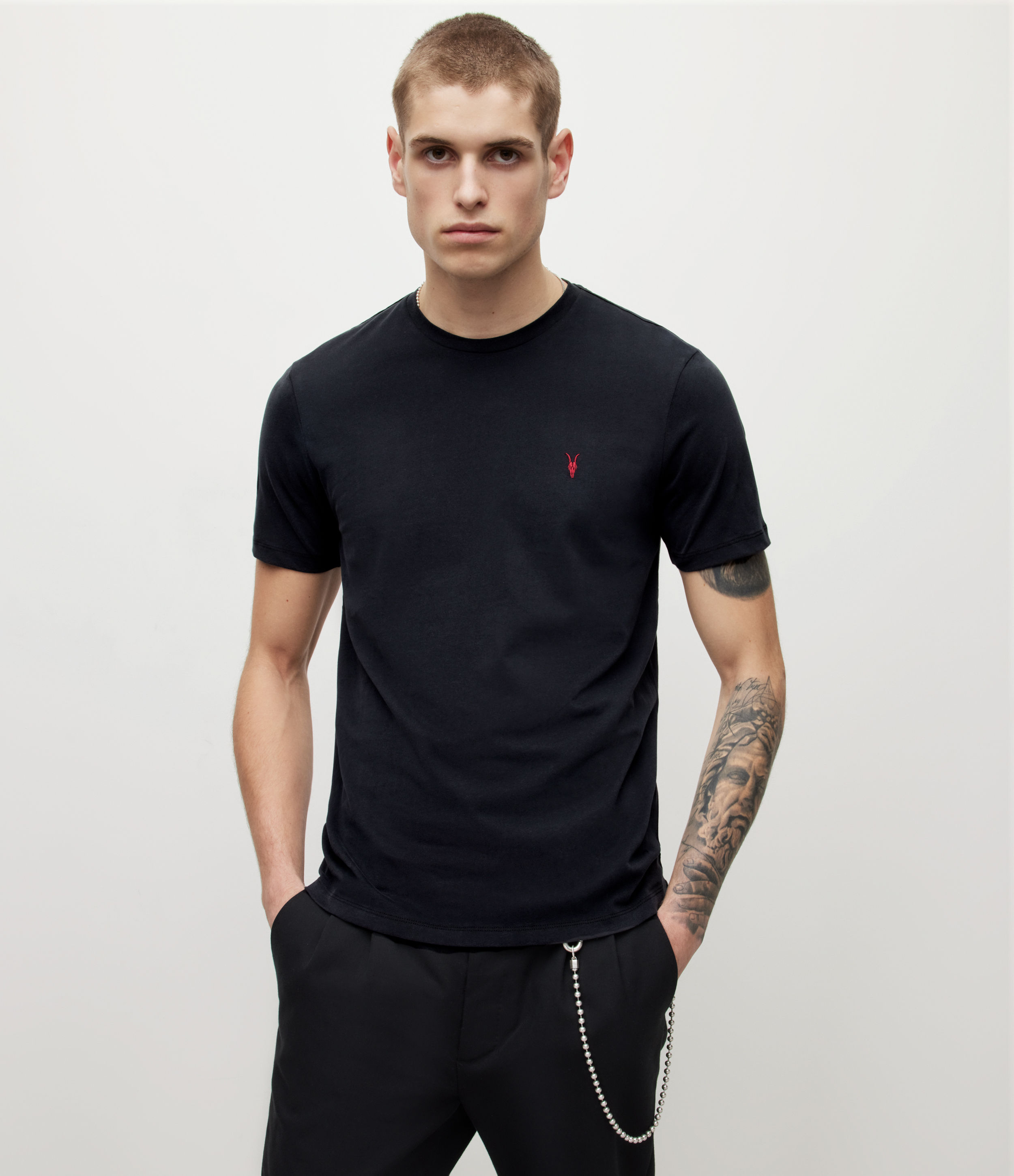 AllSaints Men's Brace Contrast Crew T-Shirt, Washed Black, Size: XS