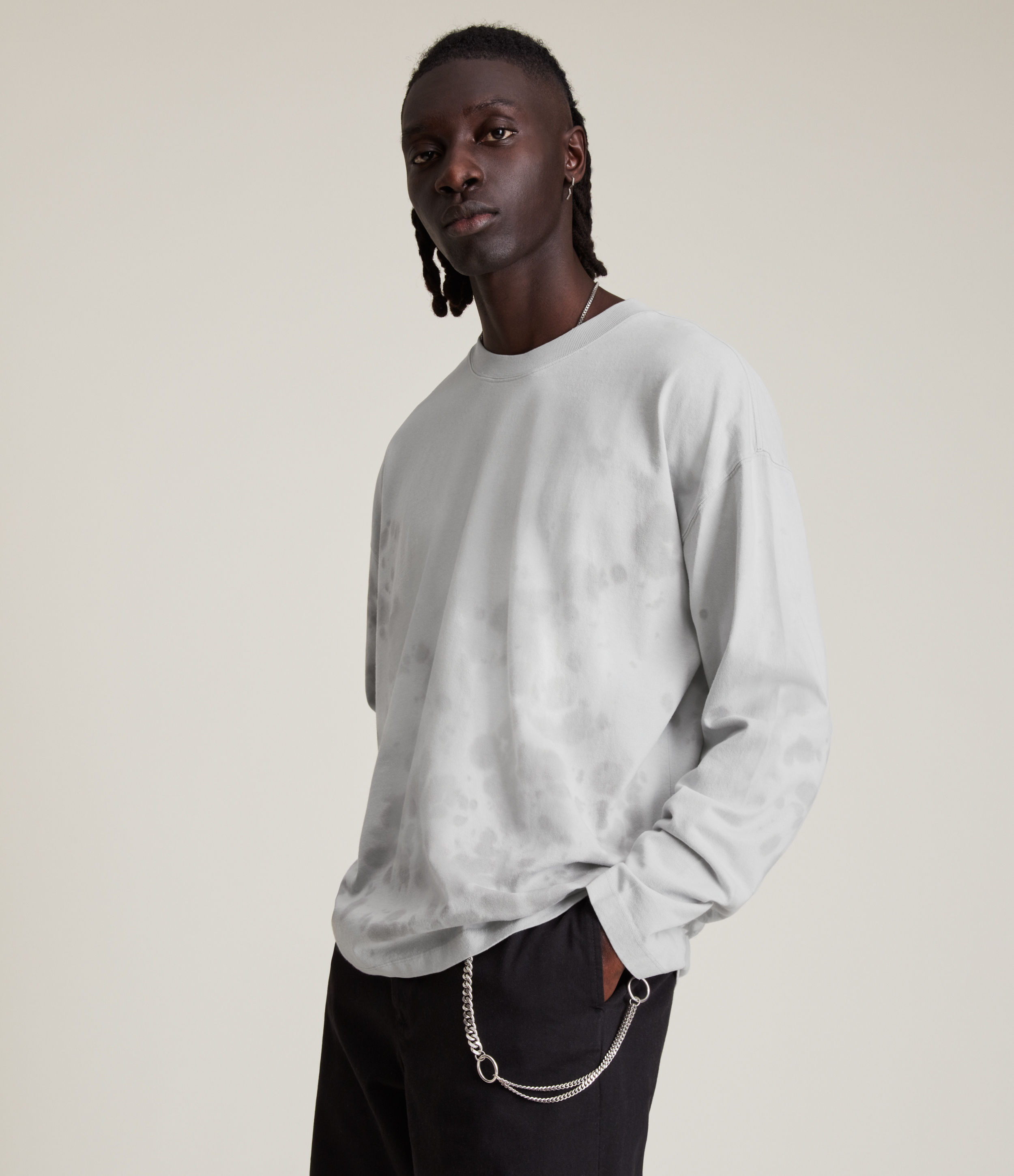 AllSaints Men's Hagen Organic Cotton Long Sleeve T-Shirt, Light Grey, Size: M