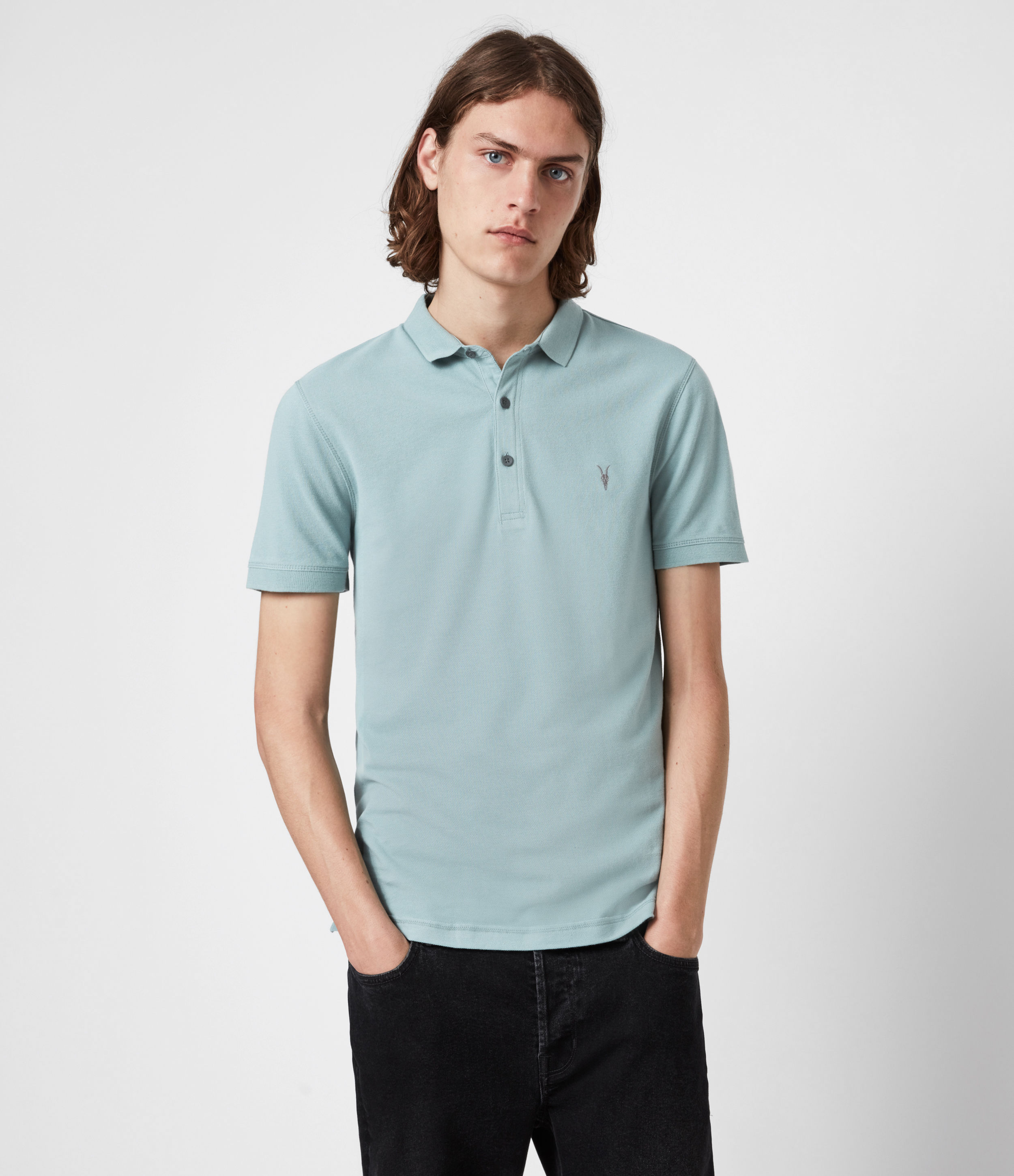 AllSaints Men’s Reform Short Sleeve Polo Shirt, Moon Blue, Size: L