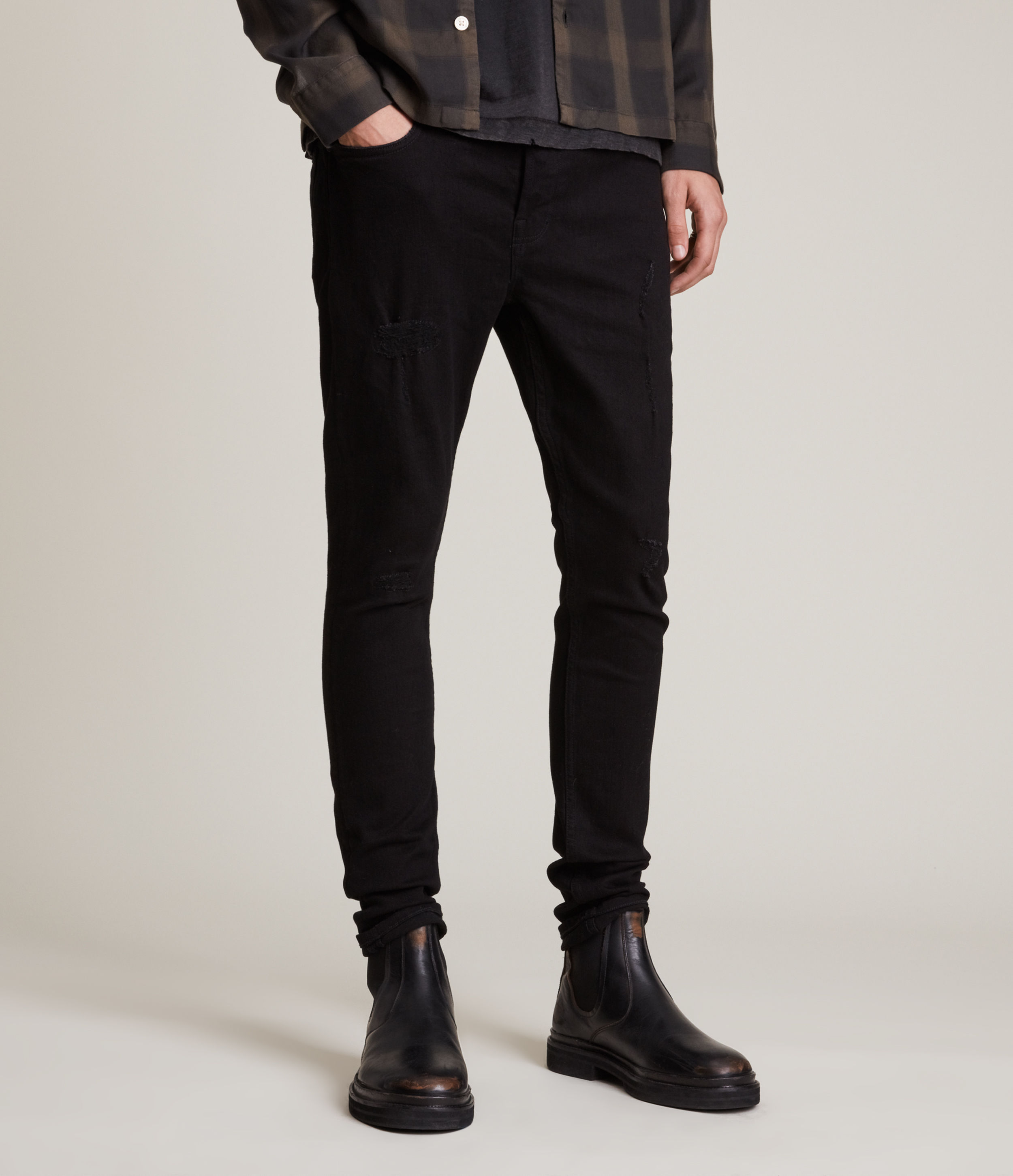 AllSaints Men’s Cigarette Damaged Skinny Jeans, Black, Size: 36/L30