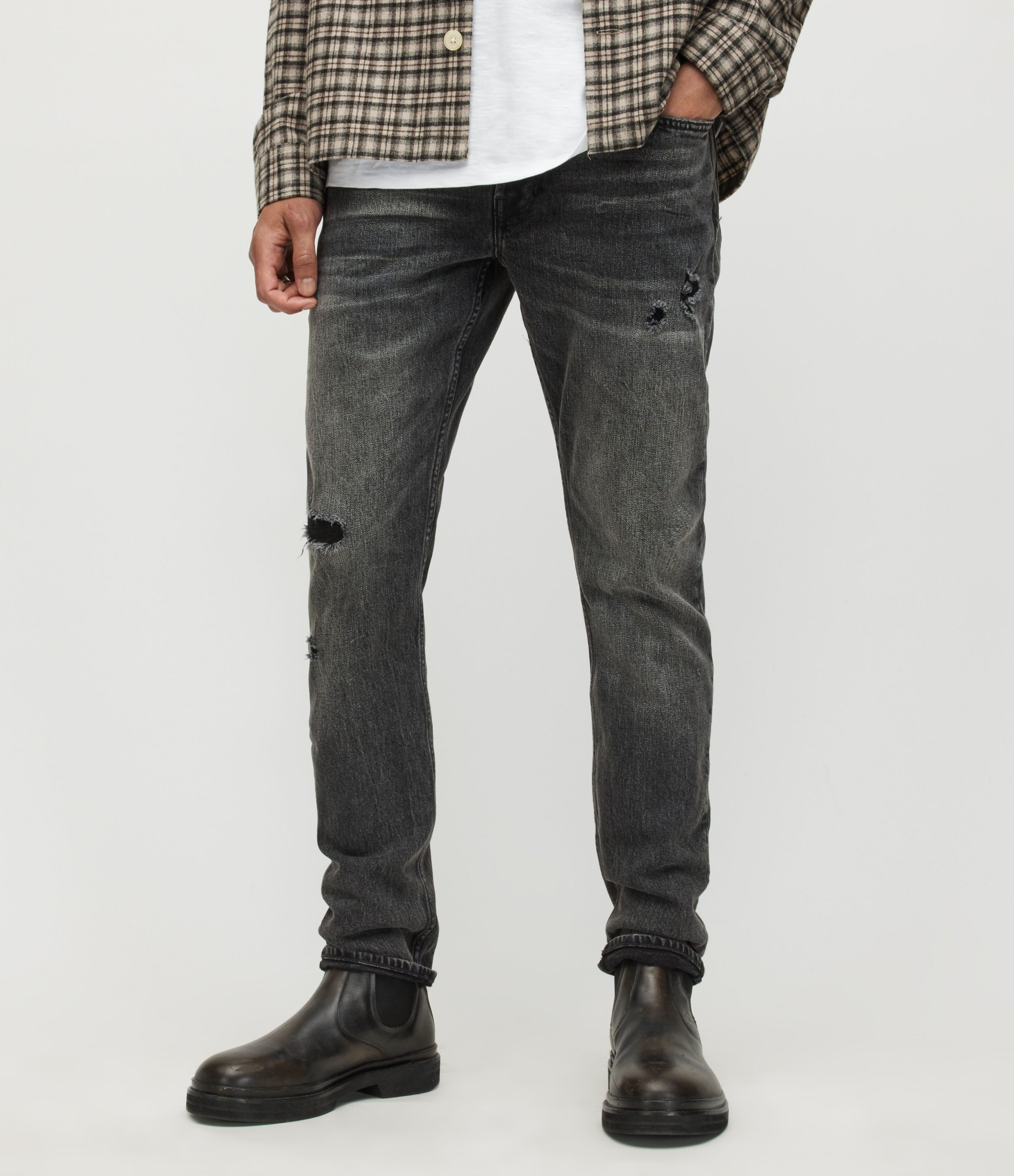AllSaints Men’s Rex Slim Damaged Jeans, Washed Black, Size: 28/L30