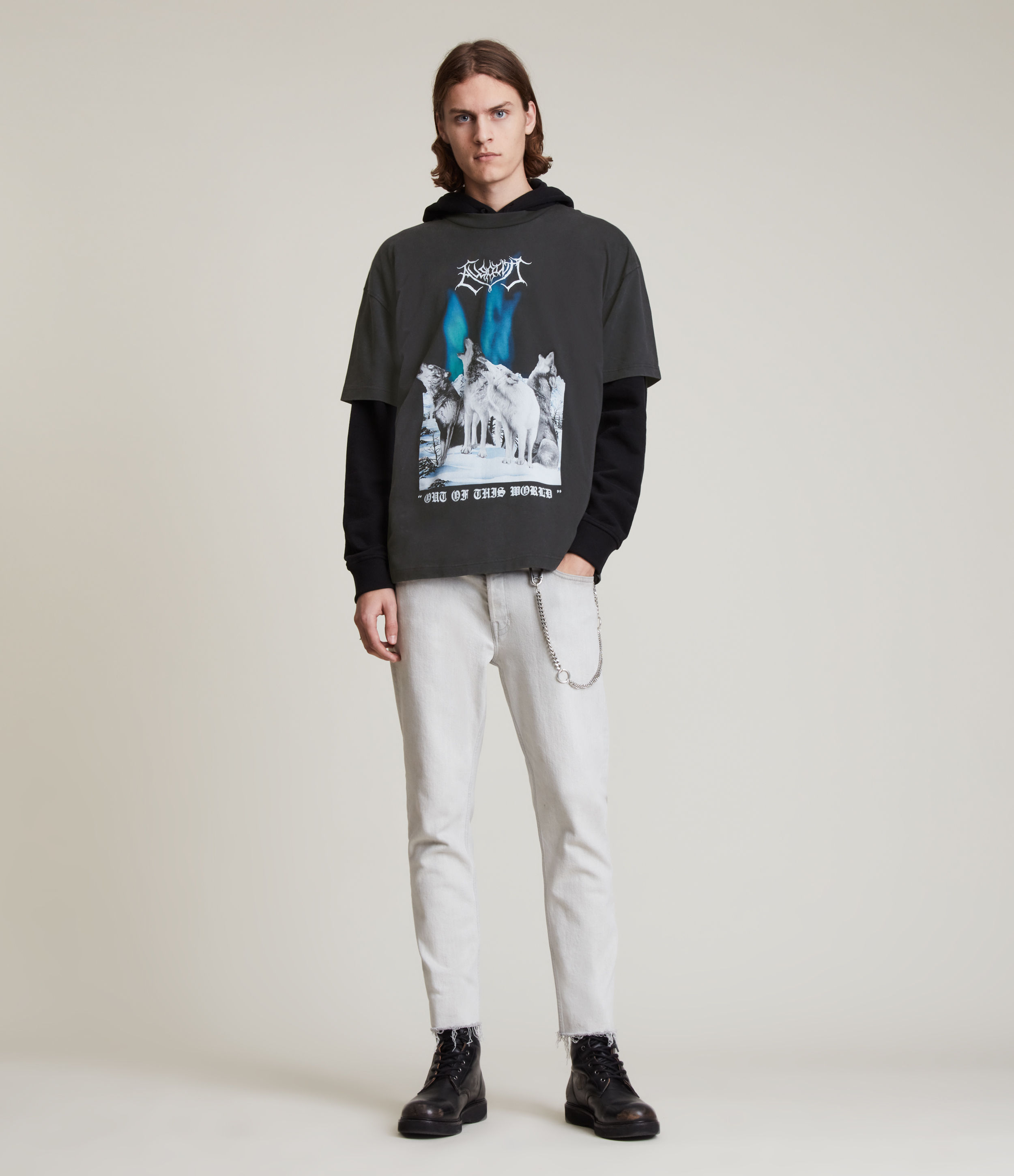 AllSaints Men’s Howl Organic Cotton Crew T-Shirt, Jet Black, Size: L