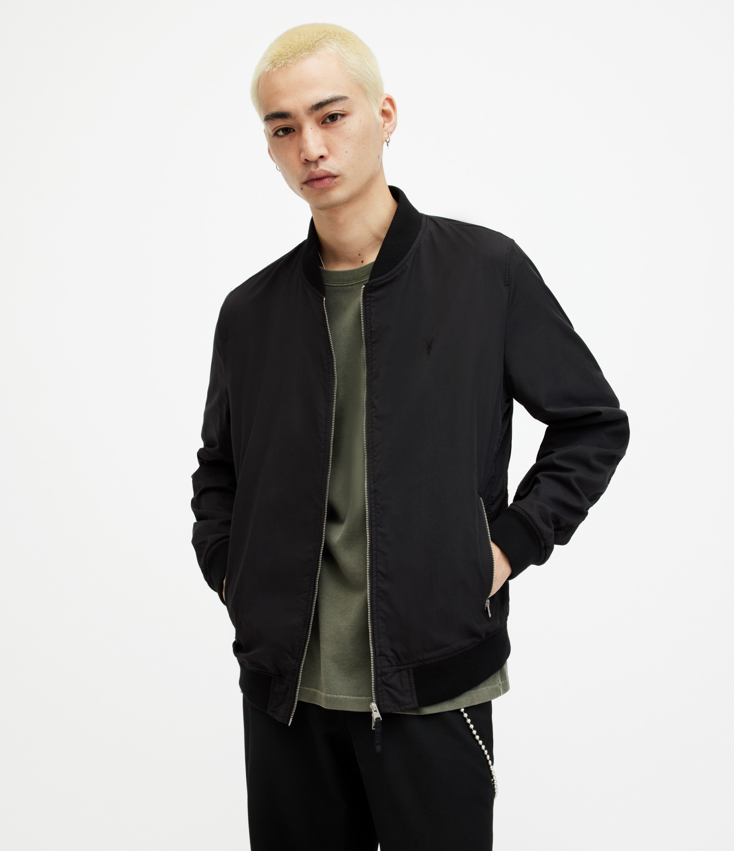 AllSaints Men’s Regular Fit Cotton Medium Bassett Bomber Jacket, Black, Size: XS