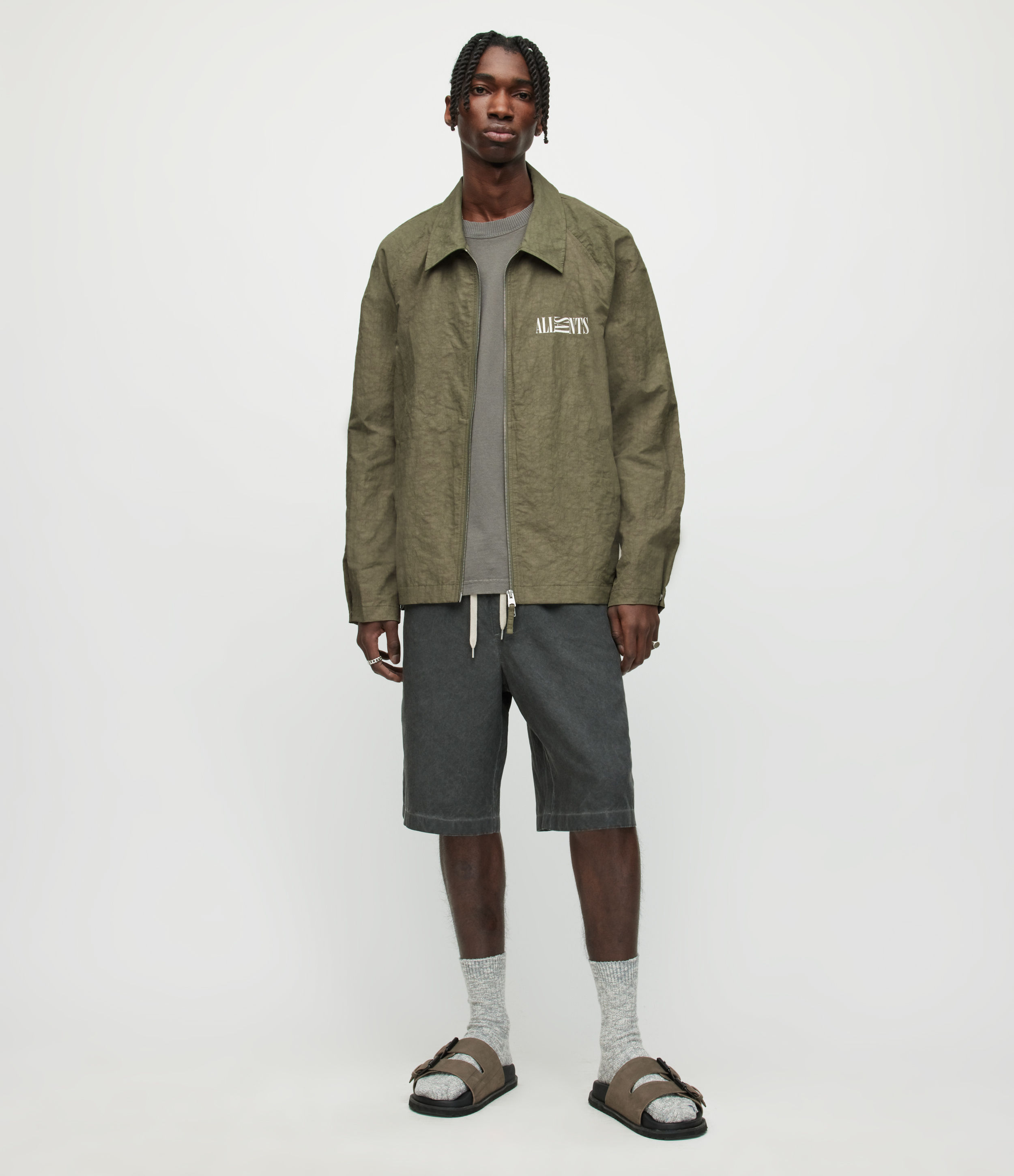 AllSaints Men’s Breaker Linen Blend Jacket, Green, Size: XL