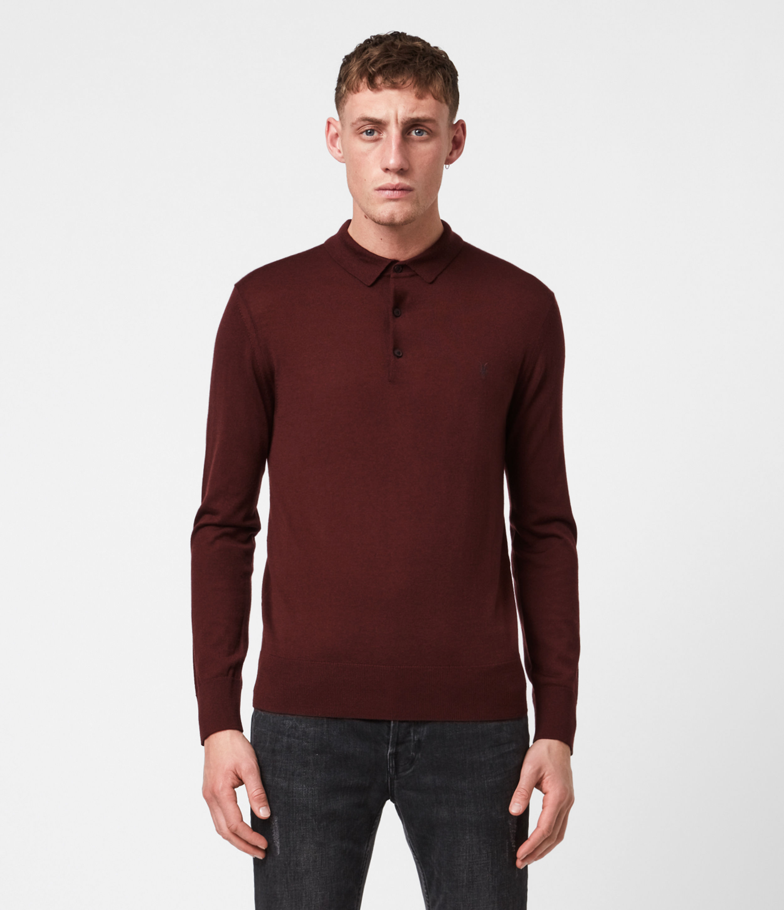 Allsaints Men's Mode Merino Long Sleeve Polo Shirt In Burgundy Red