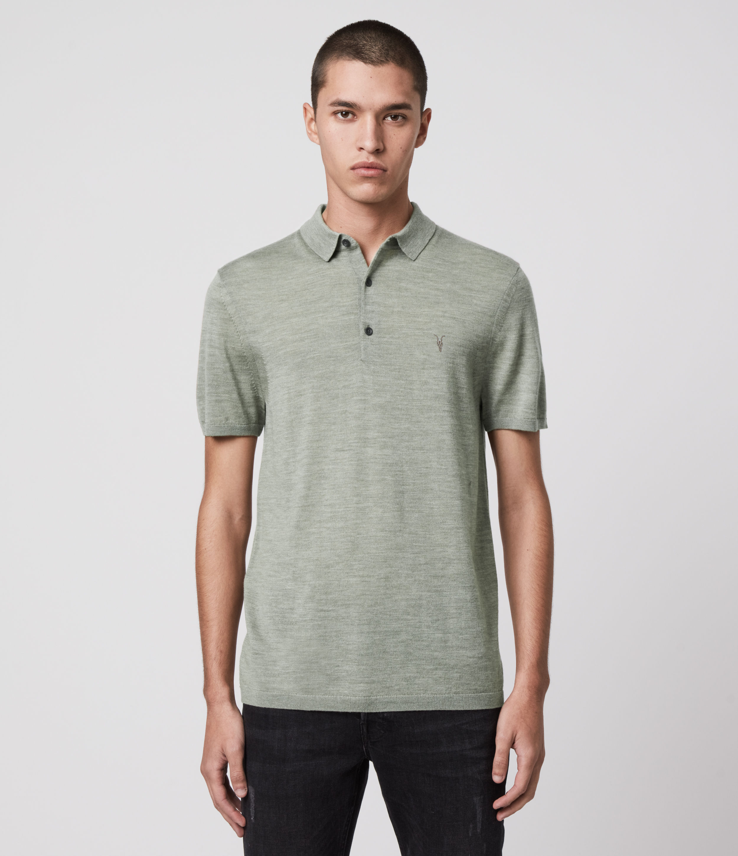 Allsaints Men's Mode Merino Short Sleeve Polo Shirt In Thyme Green Marl