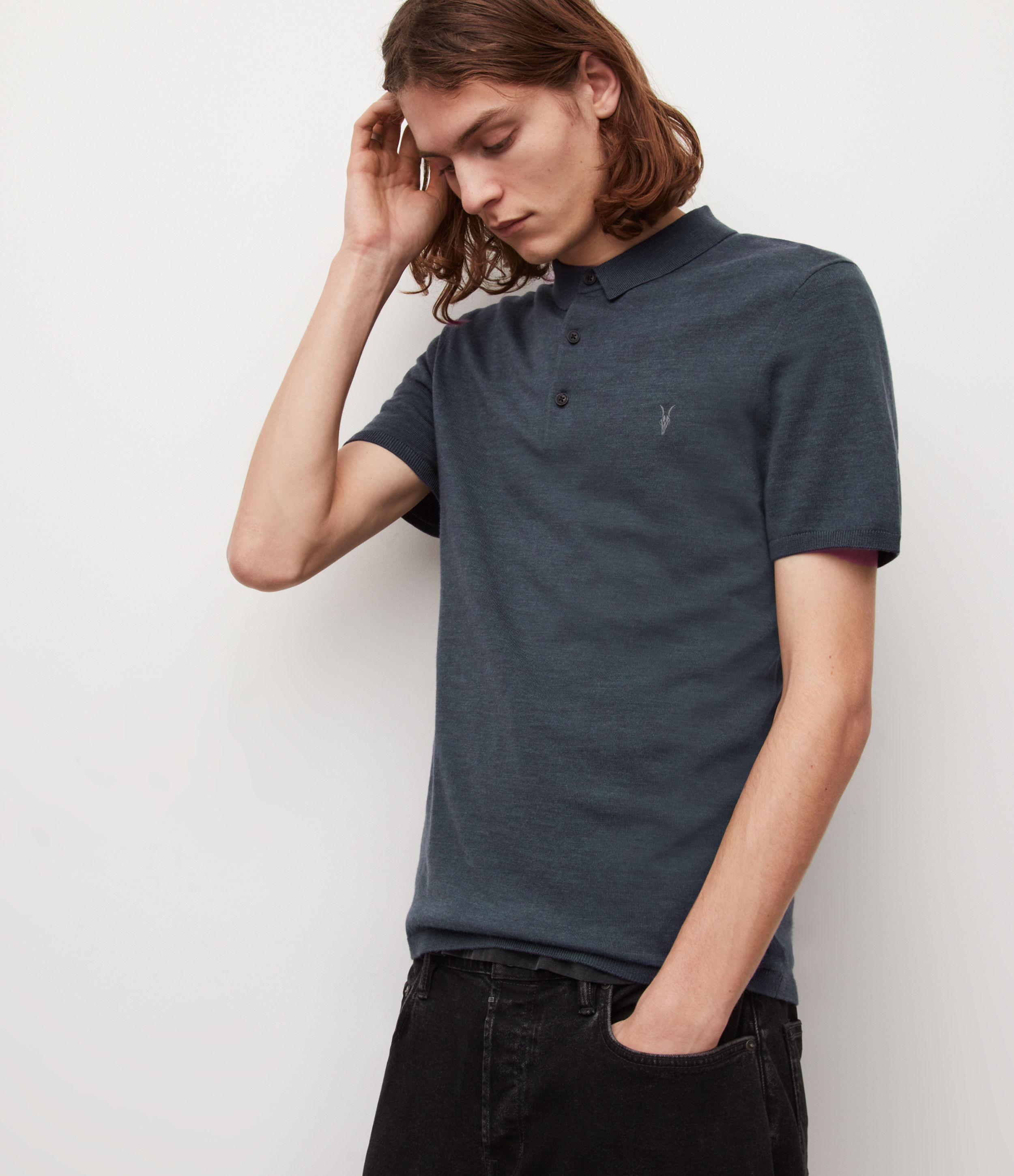 AllSaints Men’s Mode Merino Short Sleeve Polo Shirt, Blue, Size: S