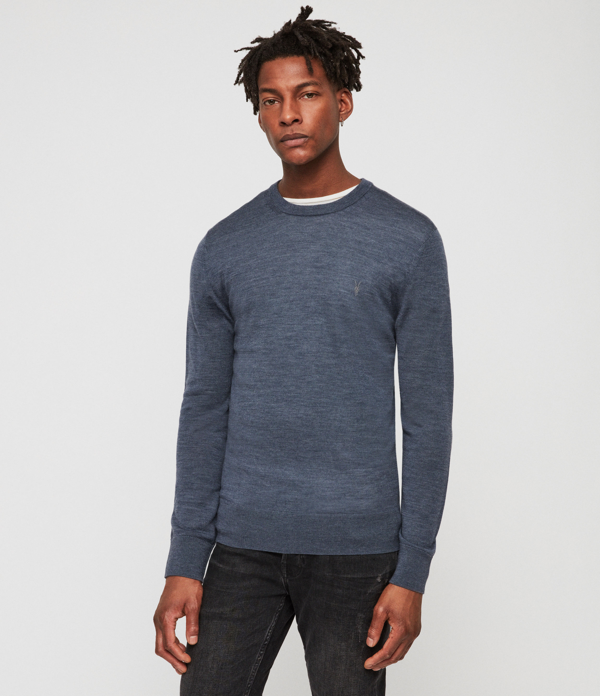 Allsaints Mode Merino Crew Sweater In Washed Navy Marl