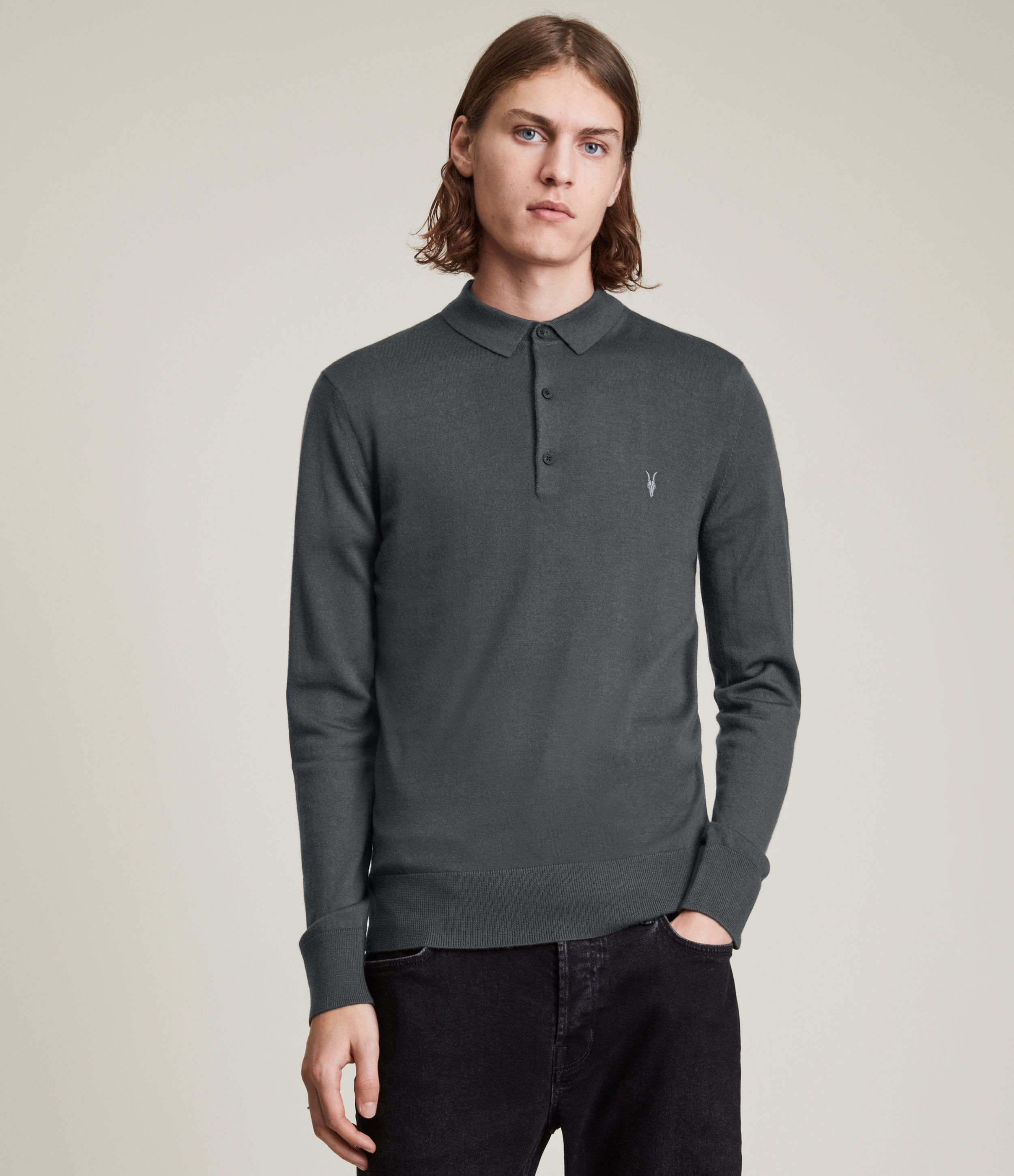 AllSaints Men's Mode Merino Long Sleeve Polo Shirt, Haze Green, Size: XL