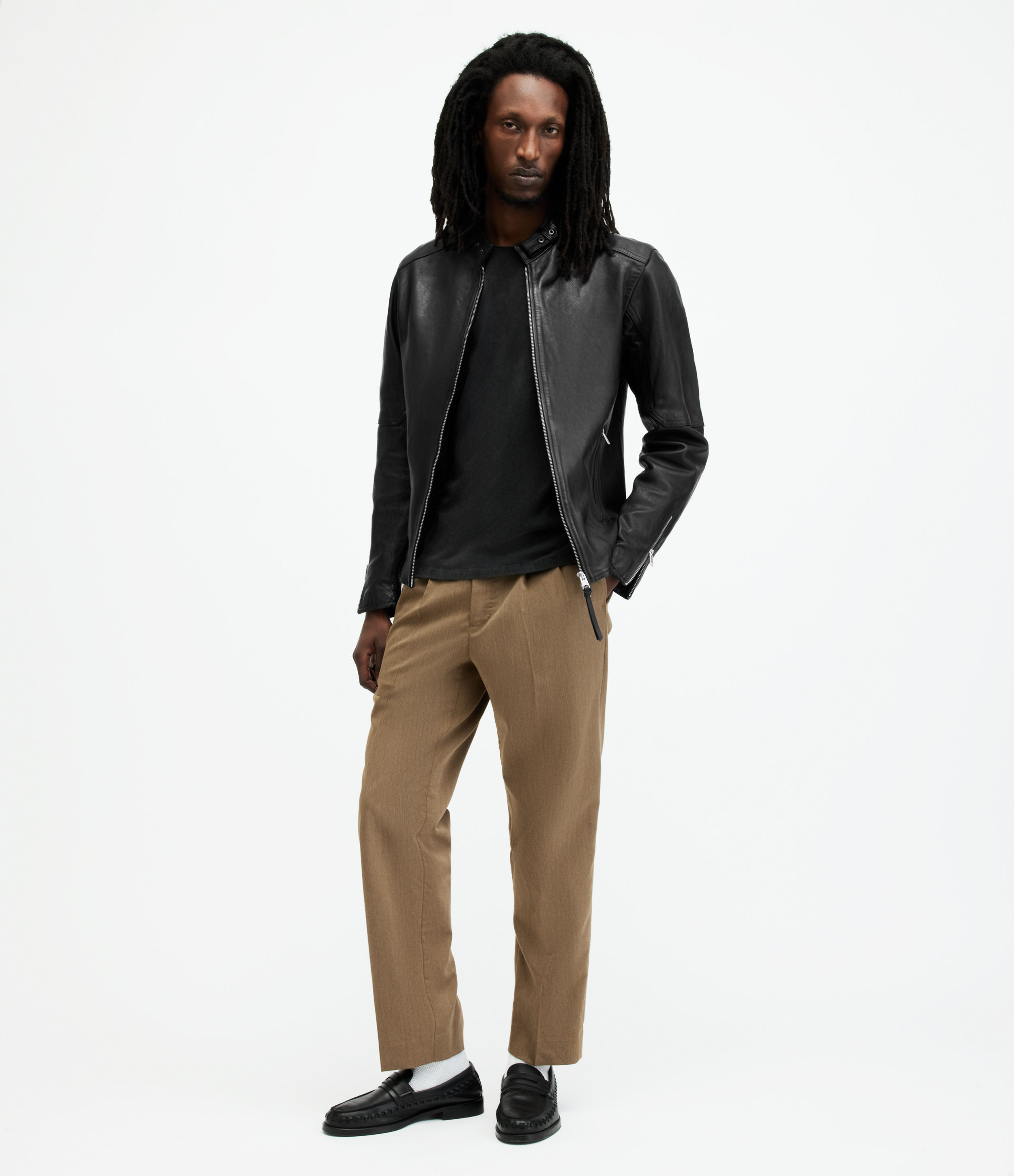 AllSaints Men's Leather Traditional Soft Sheep Cotton Cora Bomber Jacket, Black, Size: XXL