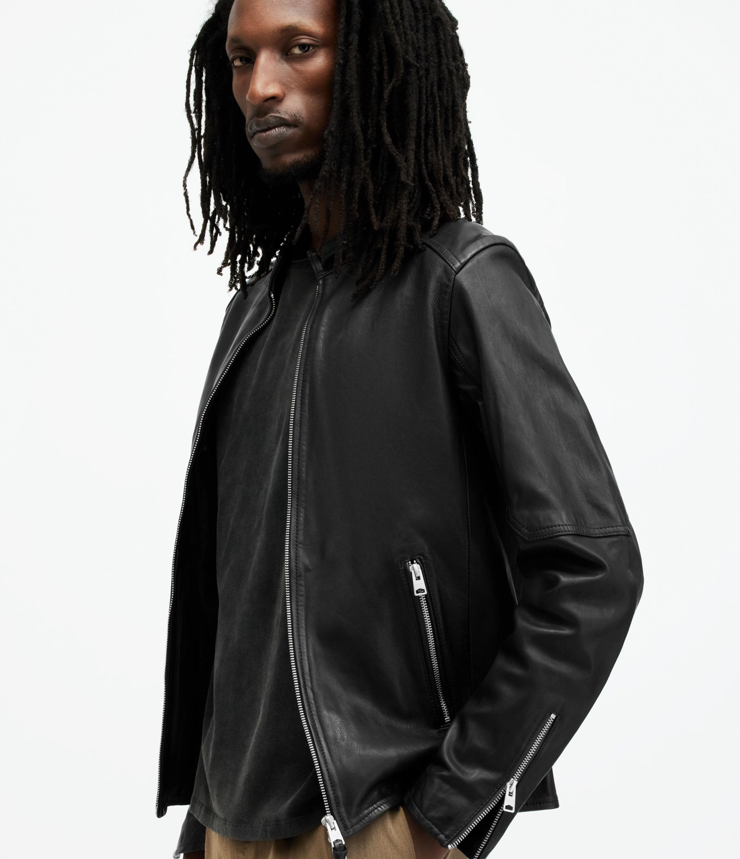 AllSaints Men's Leather Traditional Cotton Cora Jacket, Black, Size: XL
