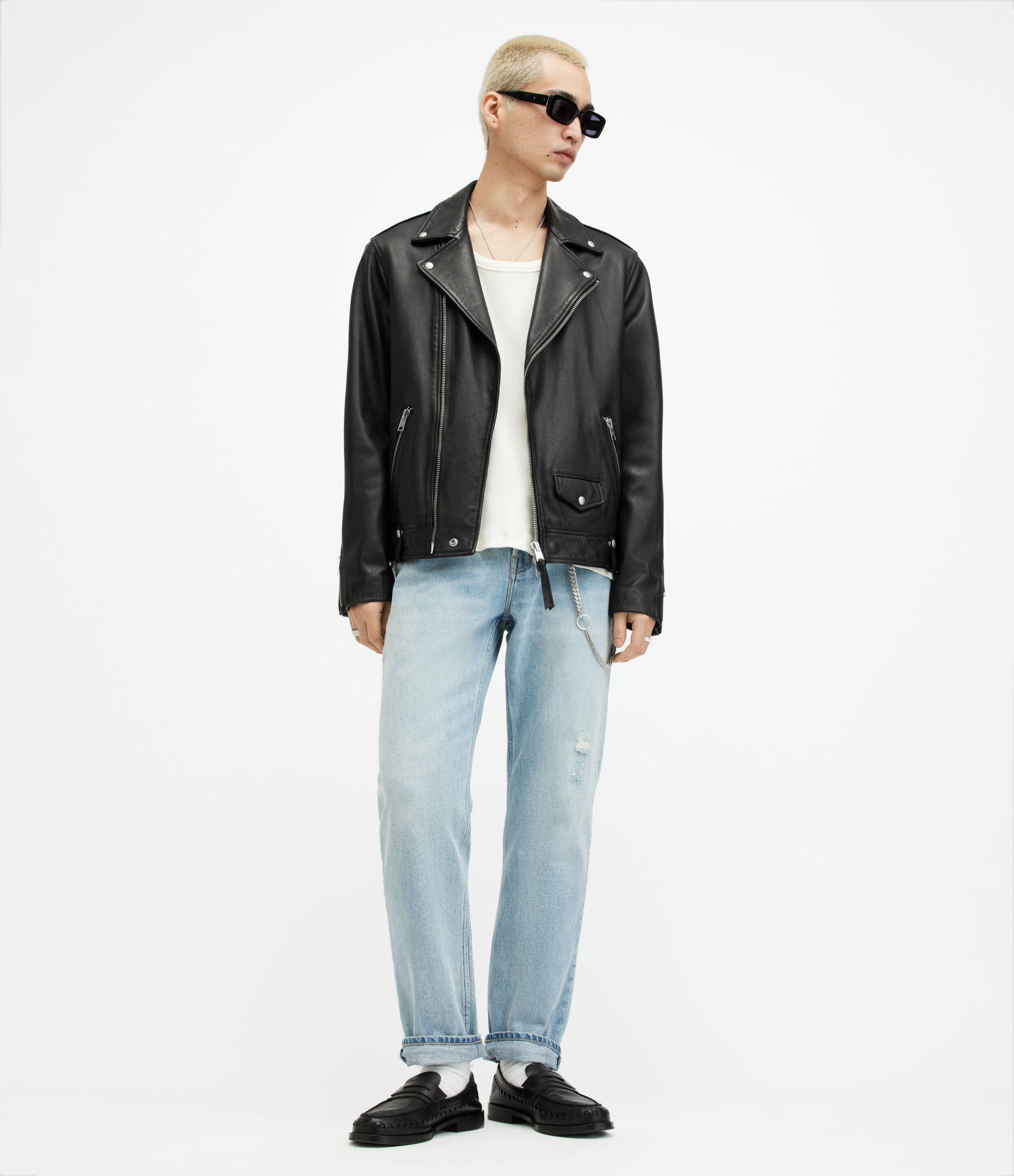 AllSaints Men's Leather Slim Fit Soft Milo Long Sleeve Biker Jacket with Zip Pockets, Black, Size: X