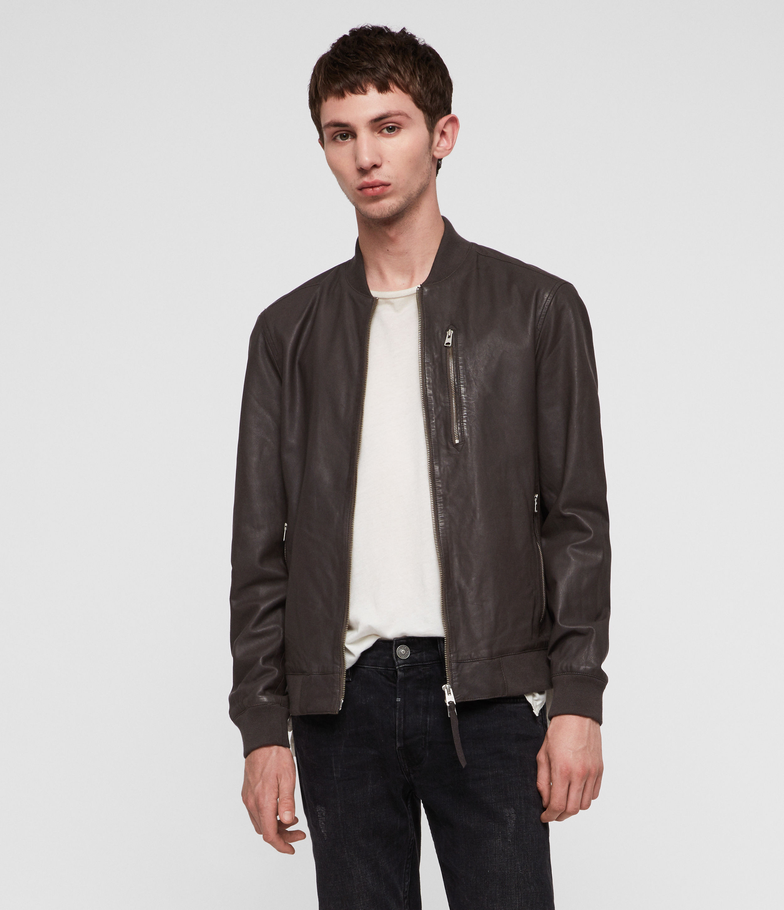 Allsaints Kino Leather Bomber Jacket In Graphite Grey