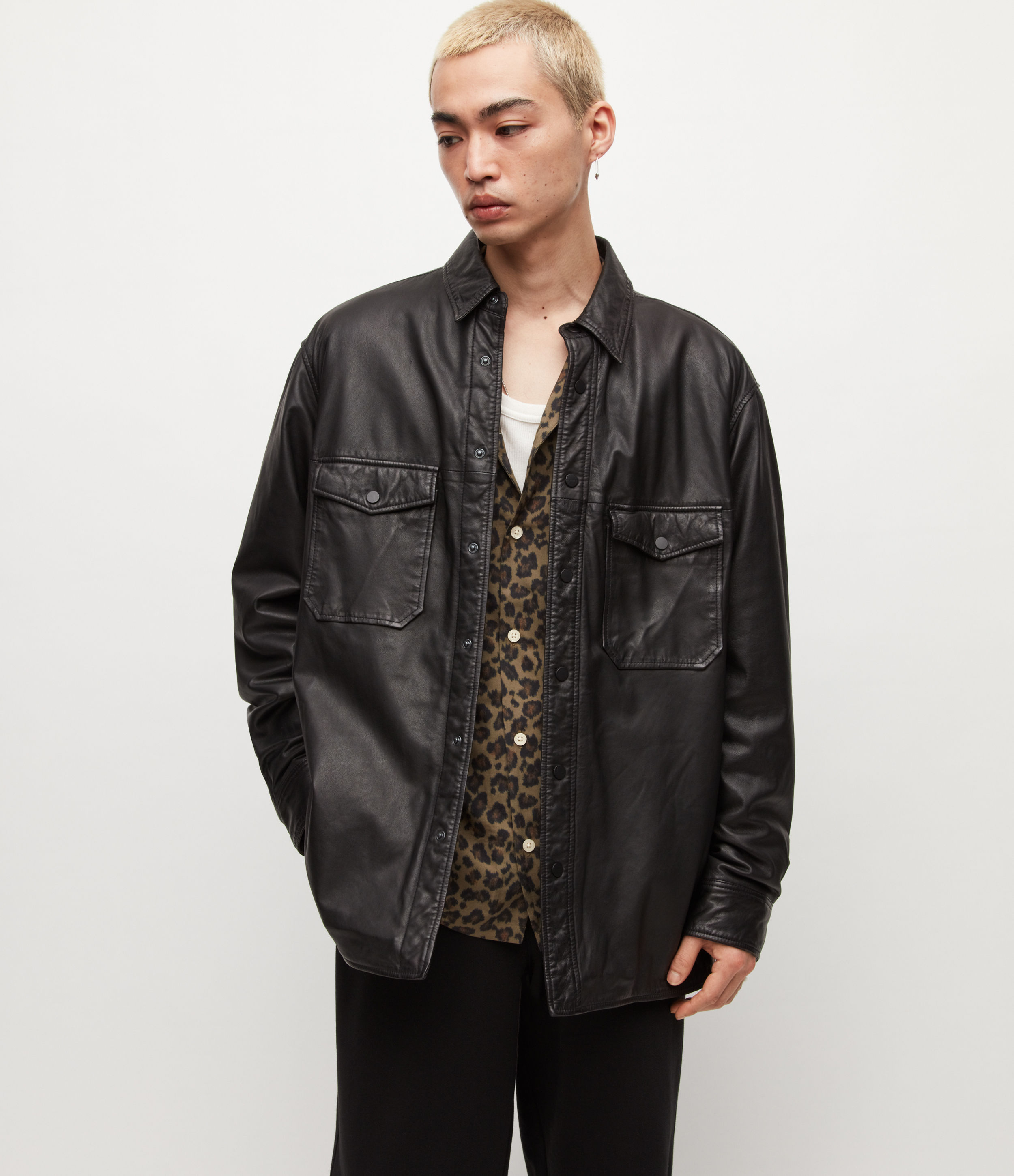 AllSaints Men's Otaru Leather Shirt, Black
