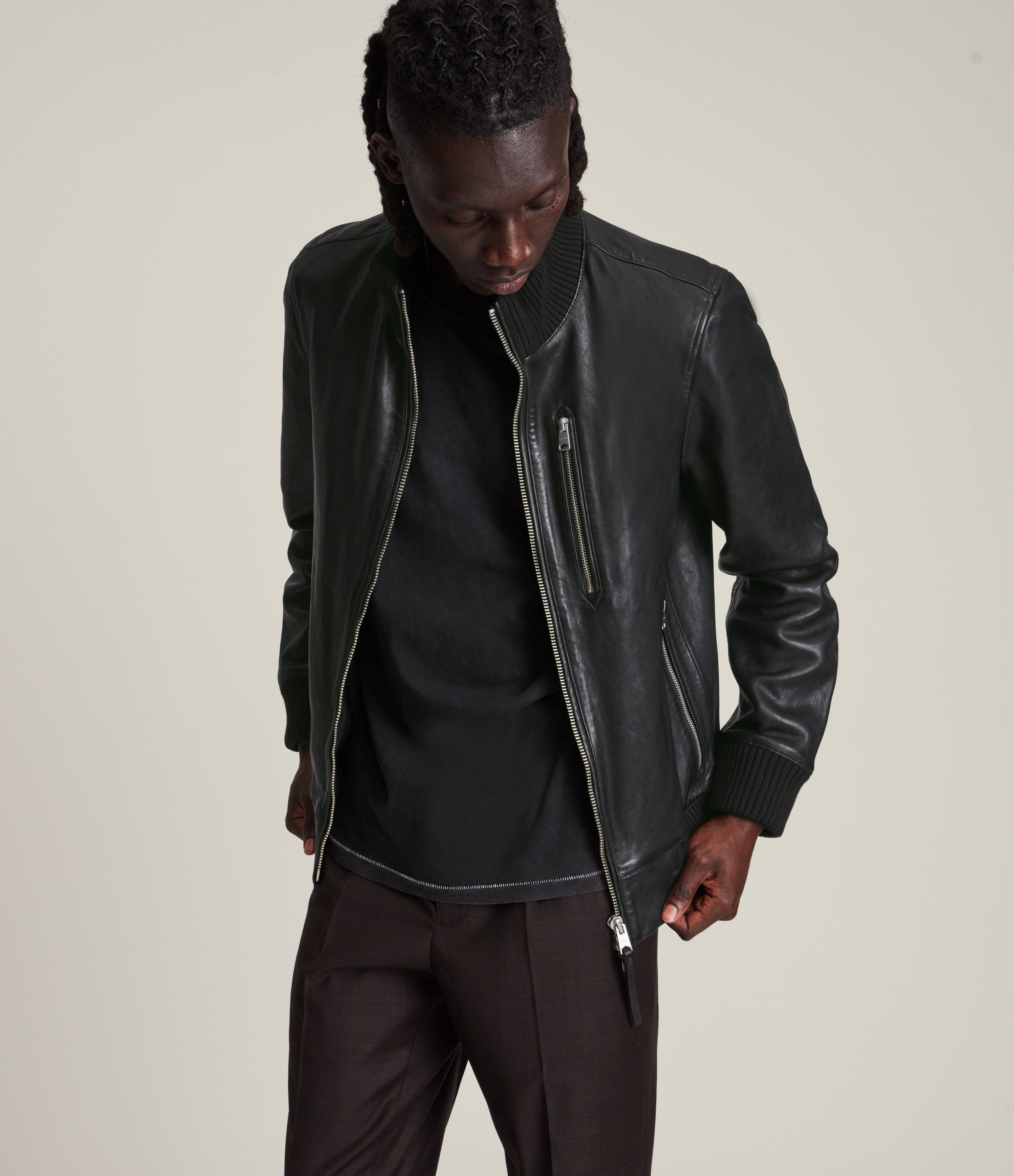 AllSaints Men’s Leather Bick Bomber Jacket, Black, Size: S