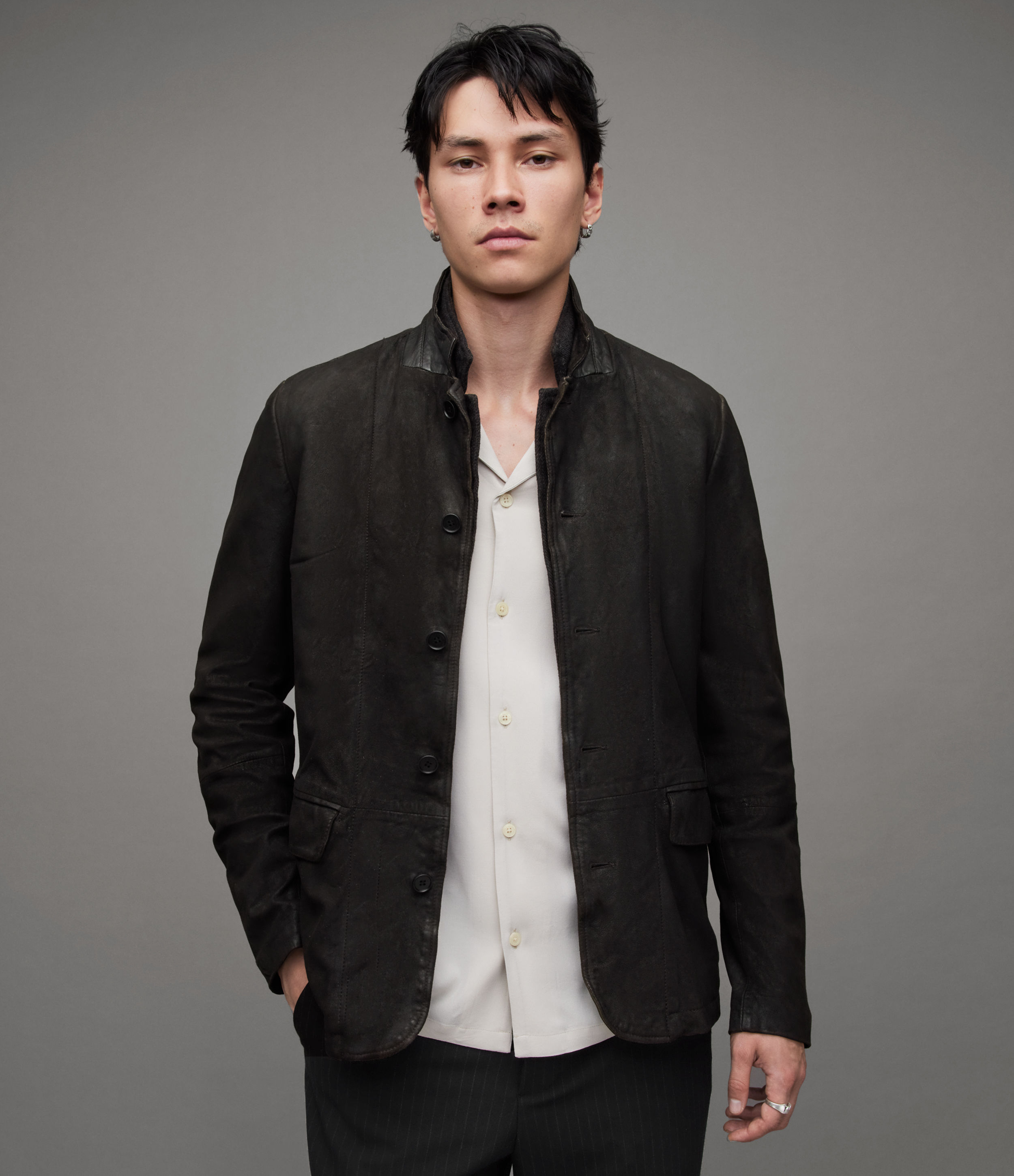 AllSaints Men's Leather Slim Fit Long Sleeve Button Up Survey Blazer, Black, Size: XXL