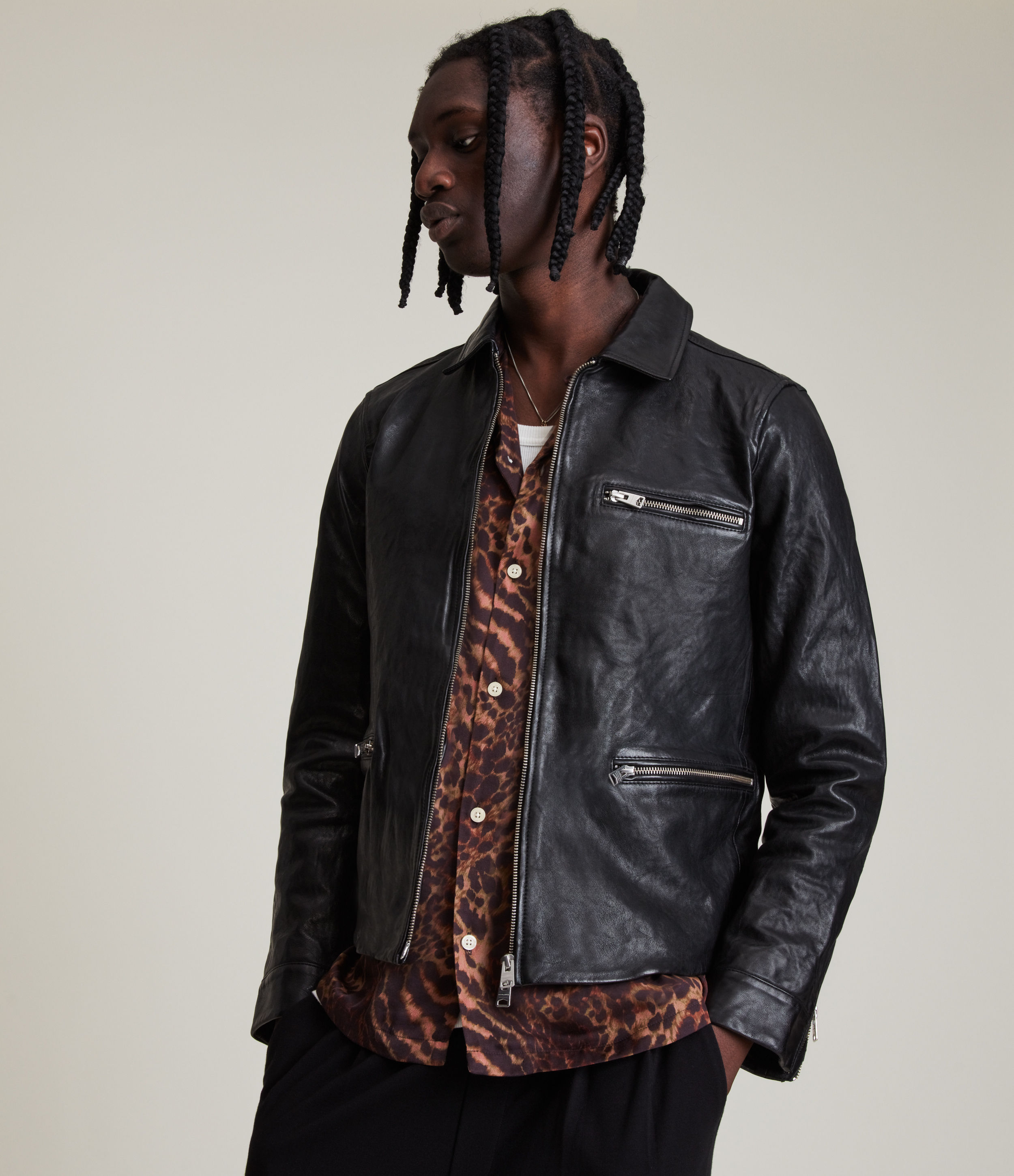 AllSaints Men's Calix Leather Jacket, Black, Size: XXL