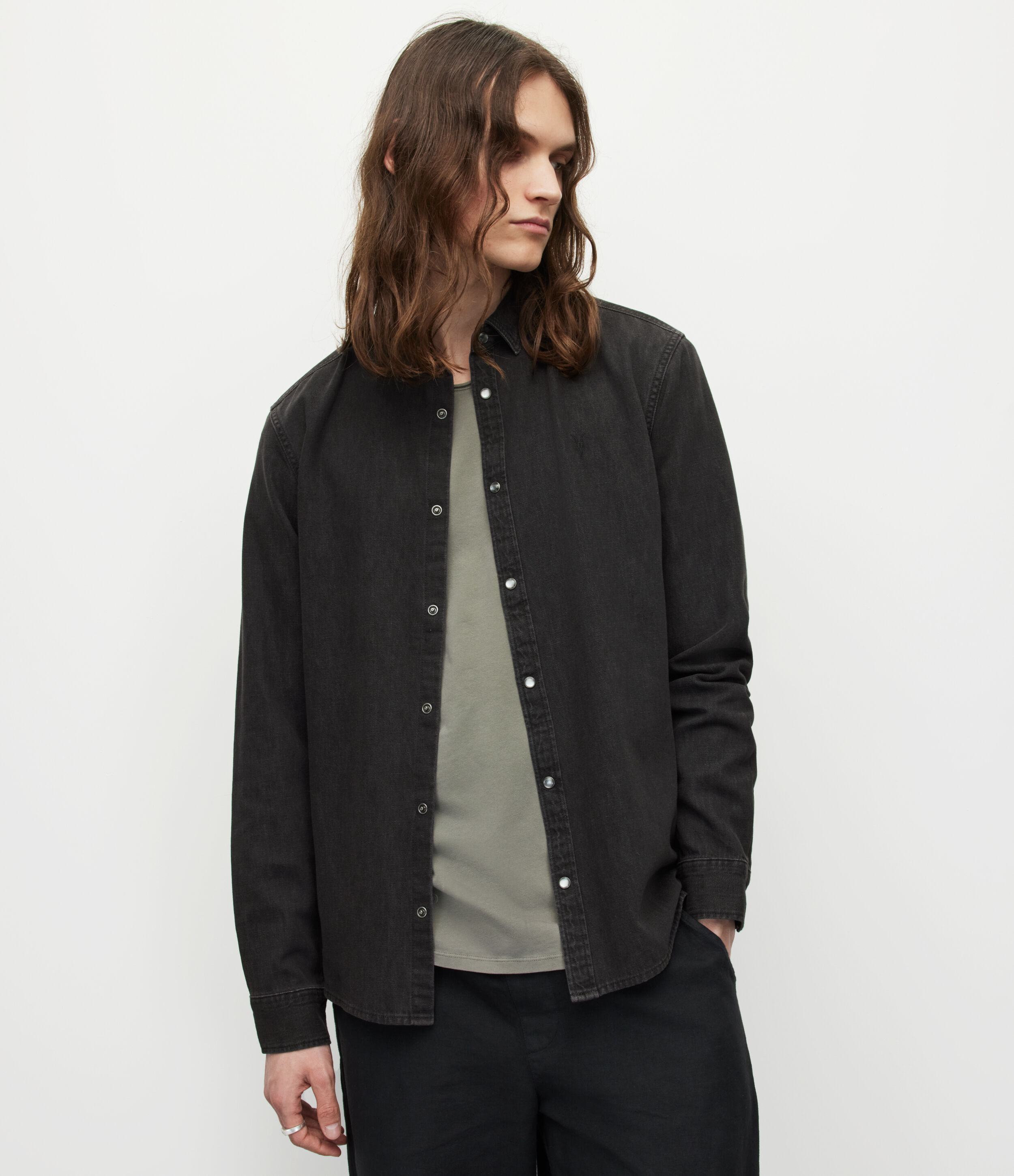 AllSaints Men’s Cotton Gleason Denim Shirt, Black, Size: M, Black
