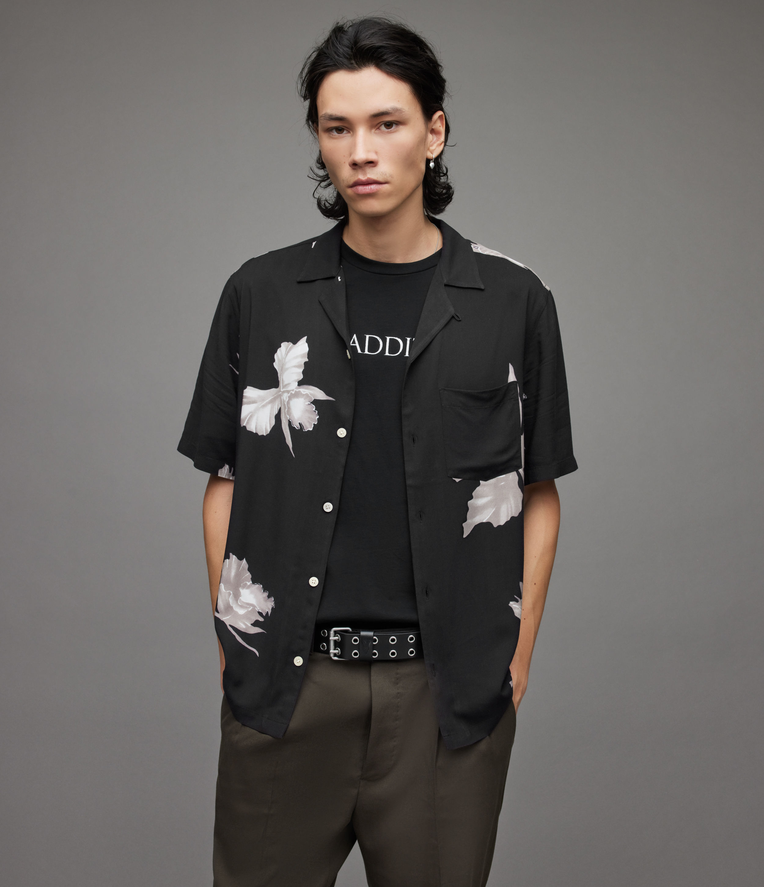 AllSaints Men's Dendritic Floral Shirt, Jet Black, Size: XS