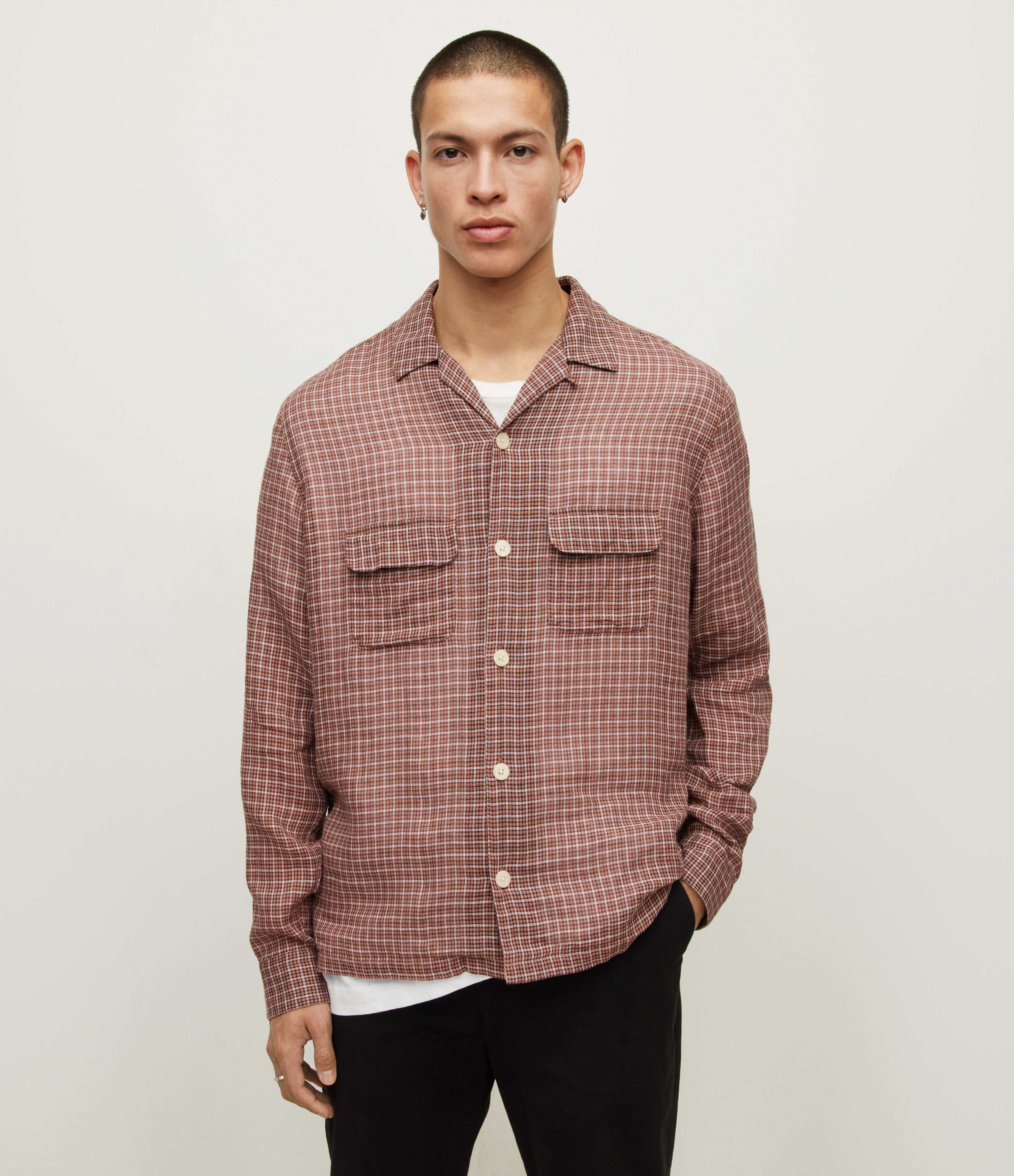 AllSaints Men's Pomona Check Linen Blend Shirt, Aged Walnut Brown, Size: XXL