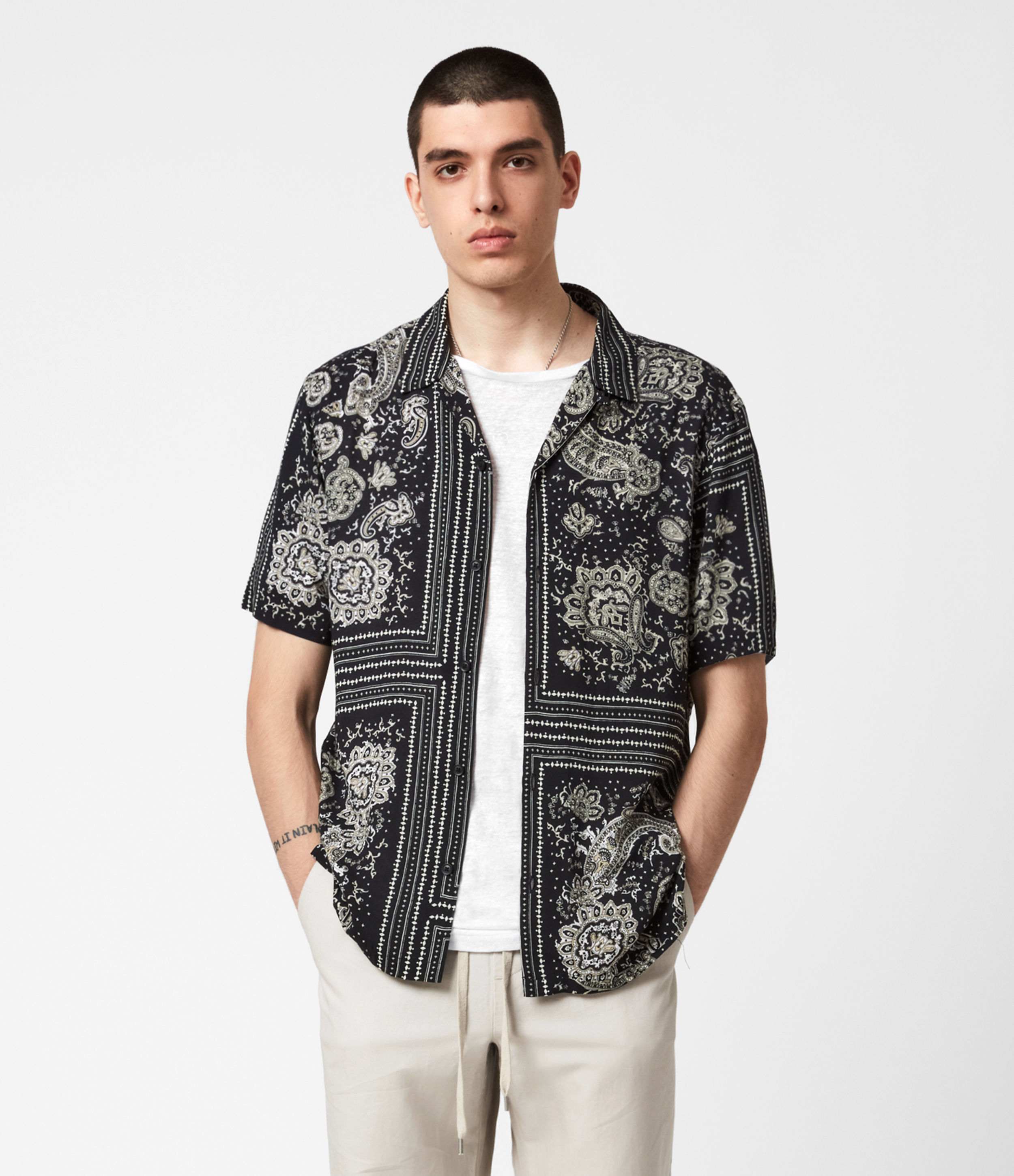 Allsaints Ventura Printed Shirt In Jet Black