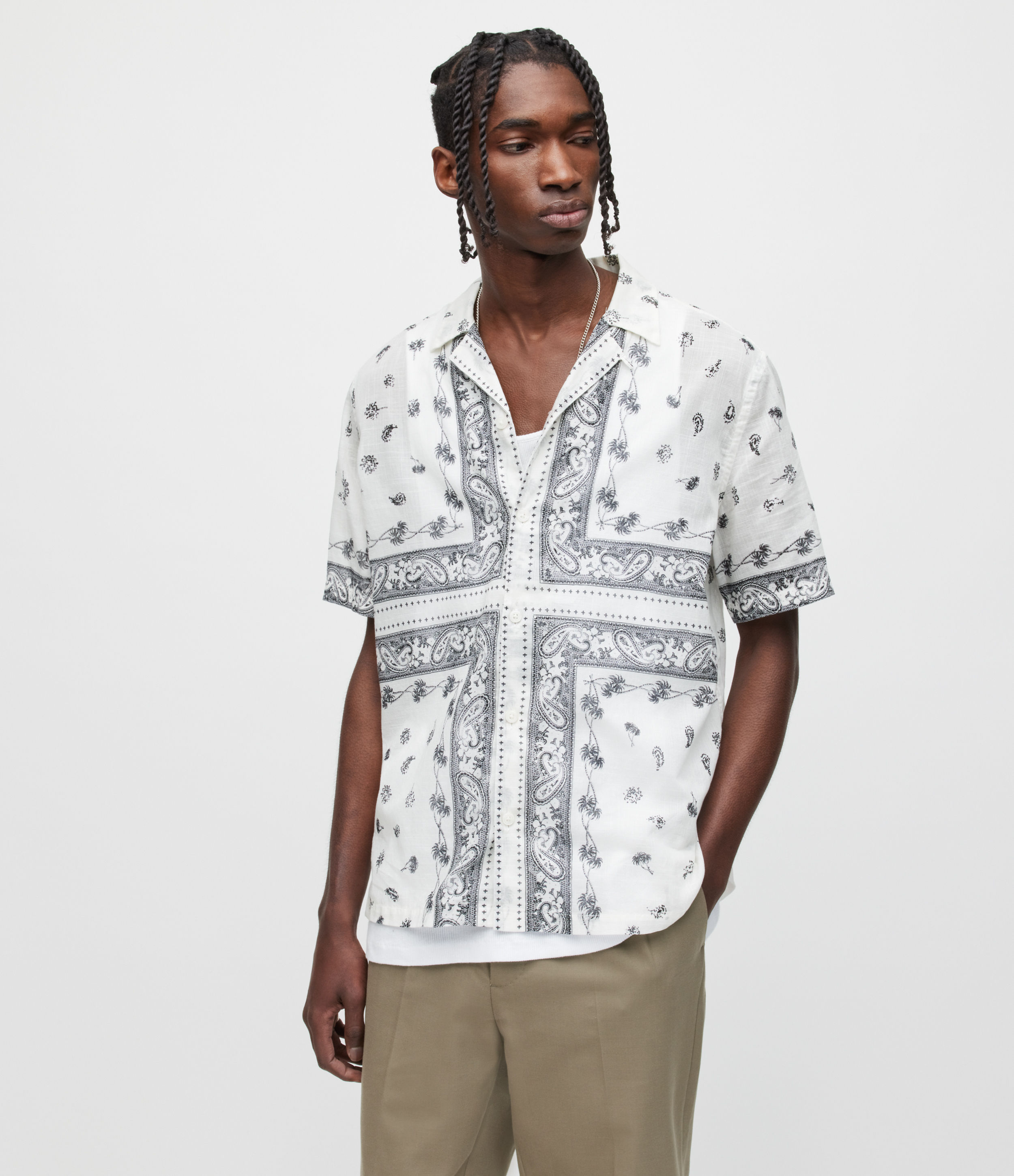 AllSaints Men's Pima Bandana Print Shirt, Cloud White, Size: XS