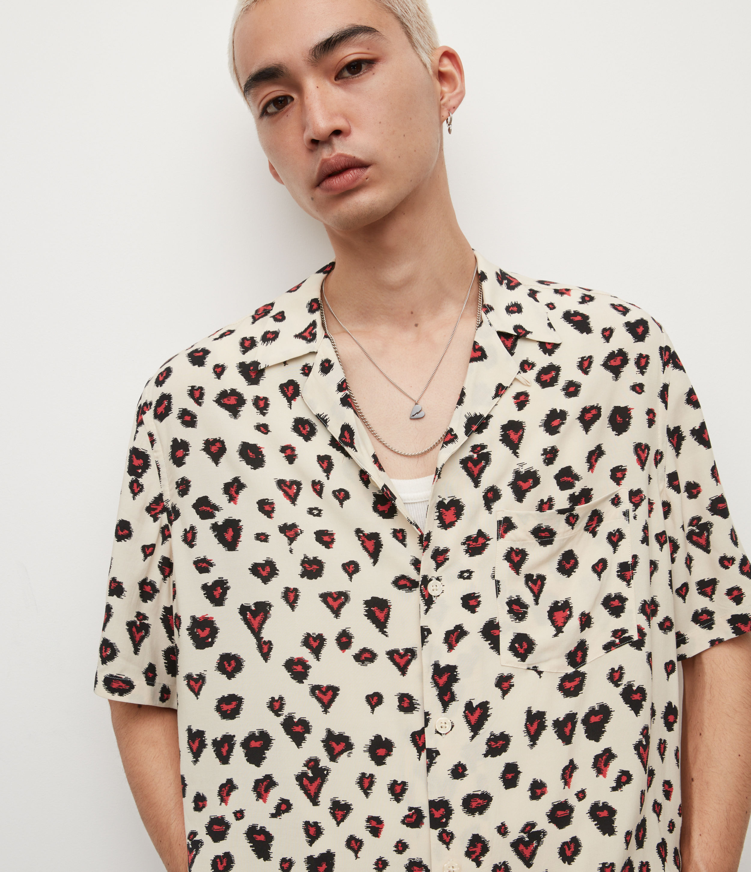 AllSaints Men's Romansu Heart Leopard Shirt, White/Red/Black, Size: S