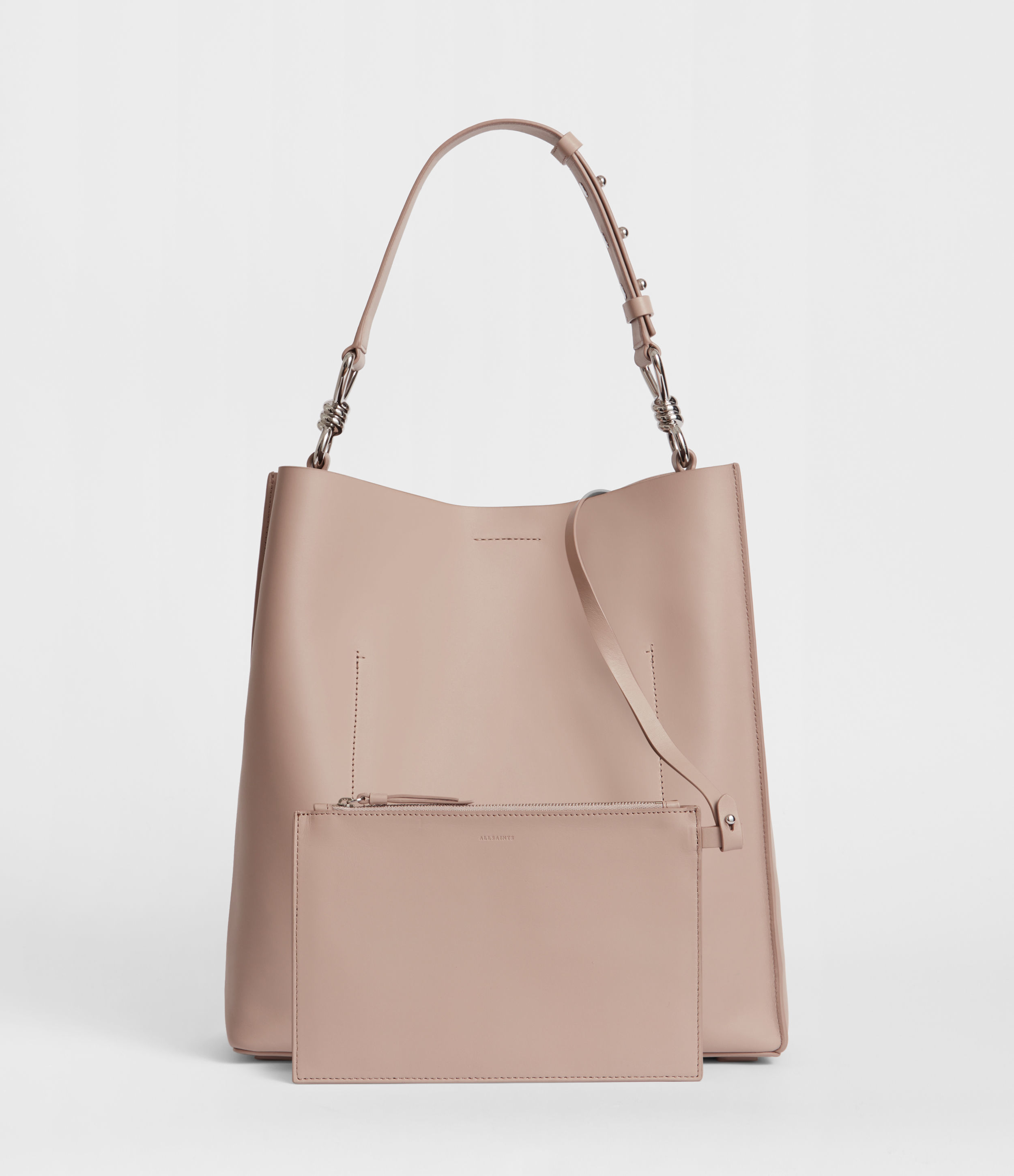Allsaints Captain Leather North South Tote Bag In Sand Beige