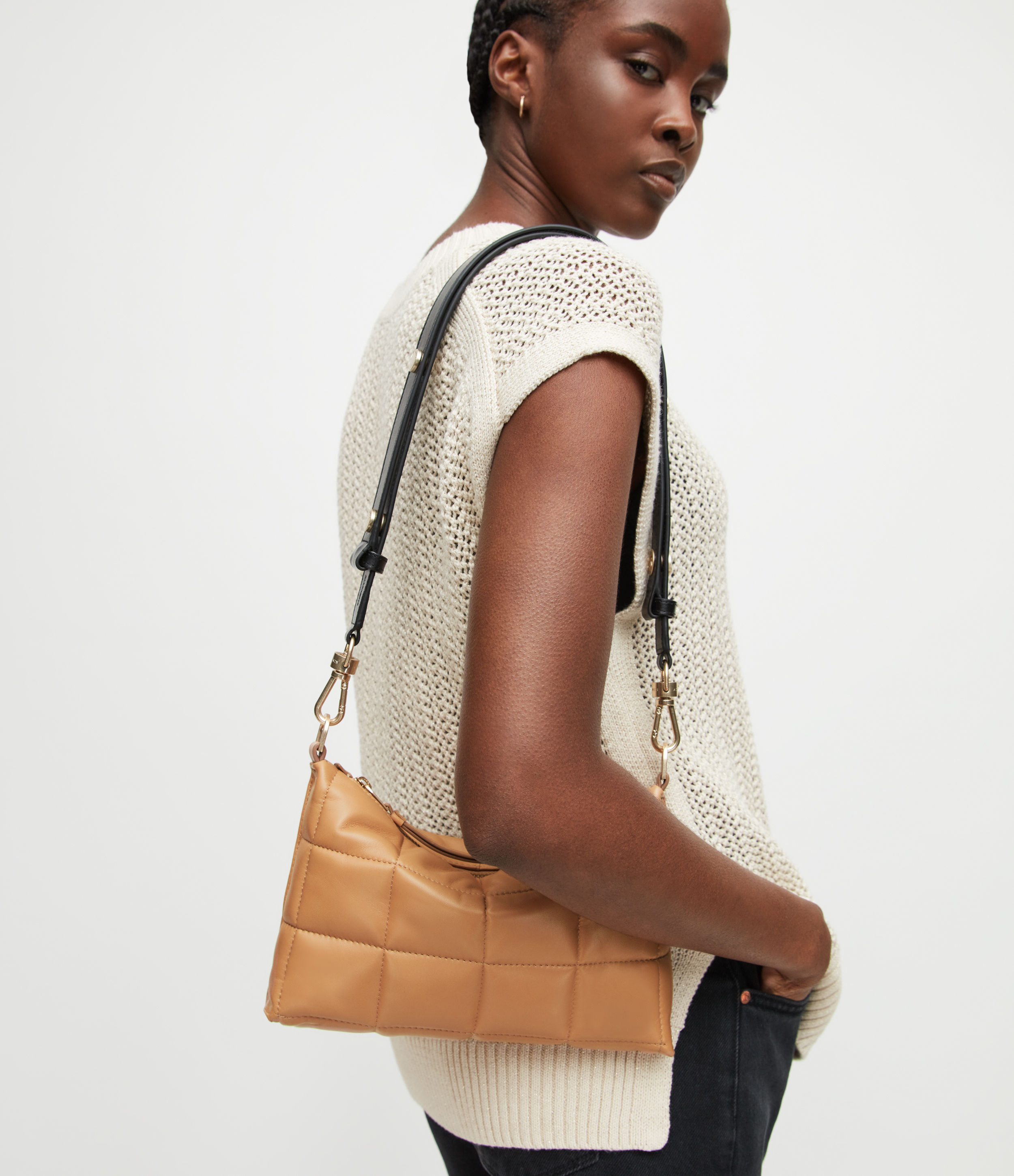 Allsaints Eve Leather Quilted Crossbody Bag In Palisade Tan