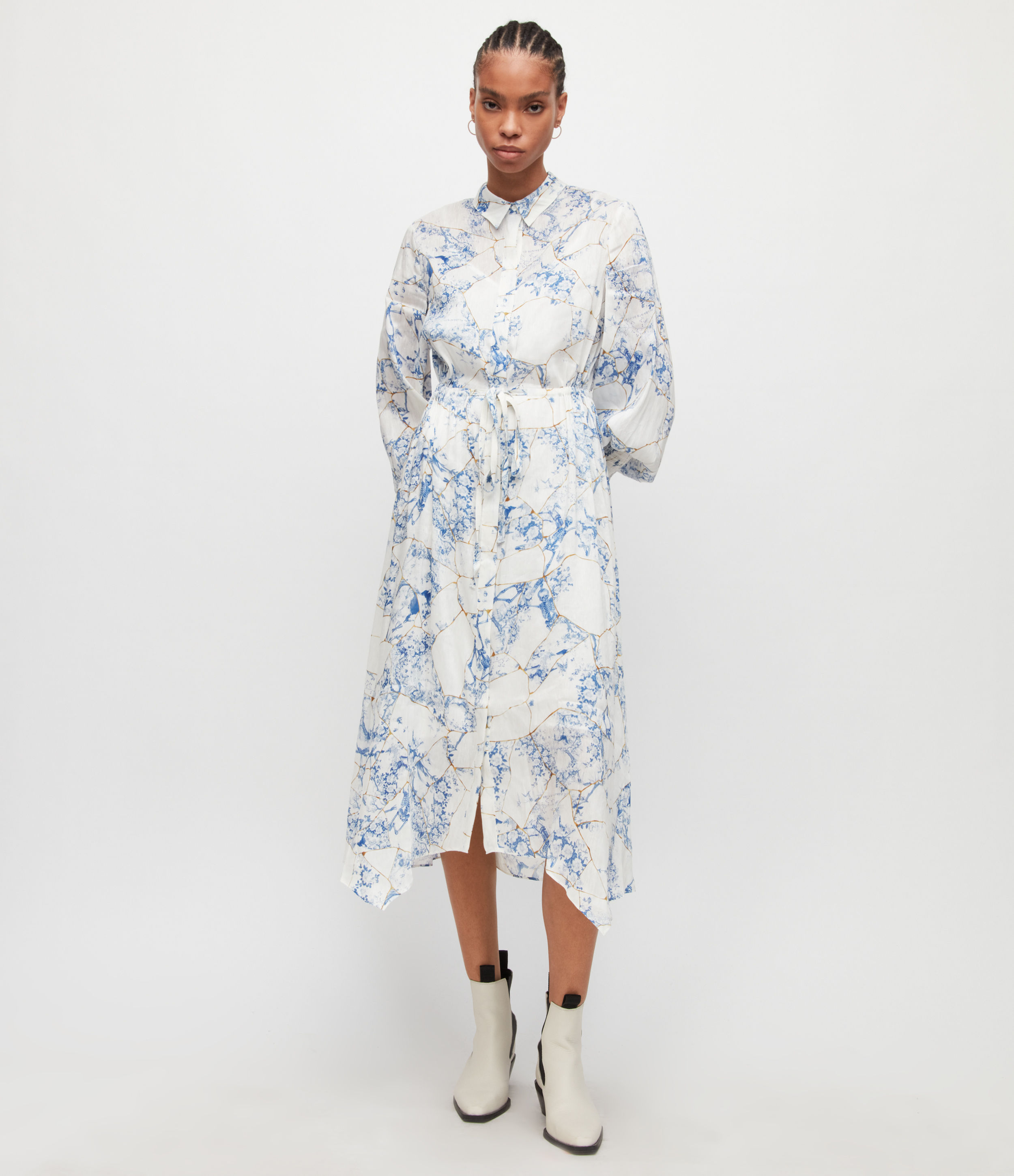 AllSaints Size: 8 Women’s Silk Linen Blend Skye Buruberu Dress, White and Blue, White/Blue, Size: 8