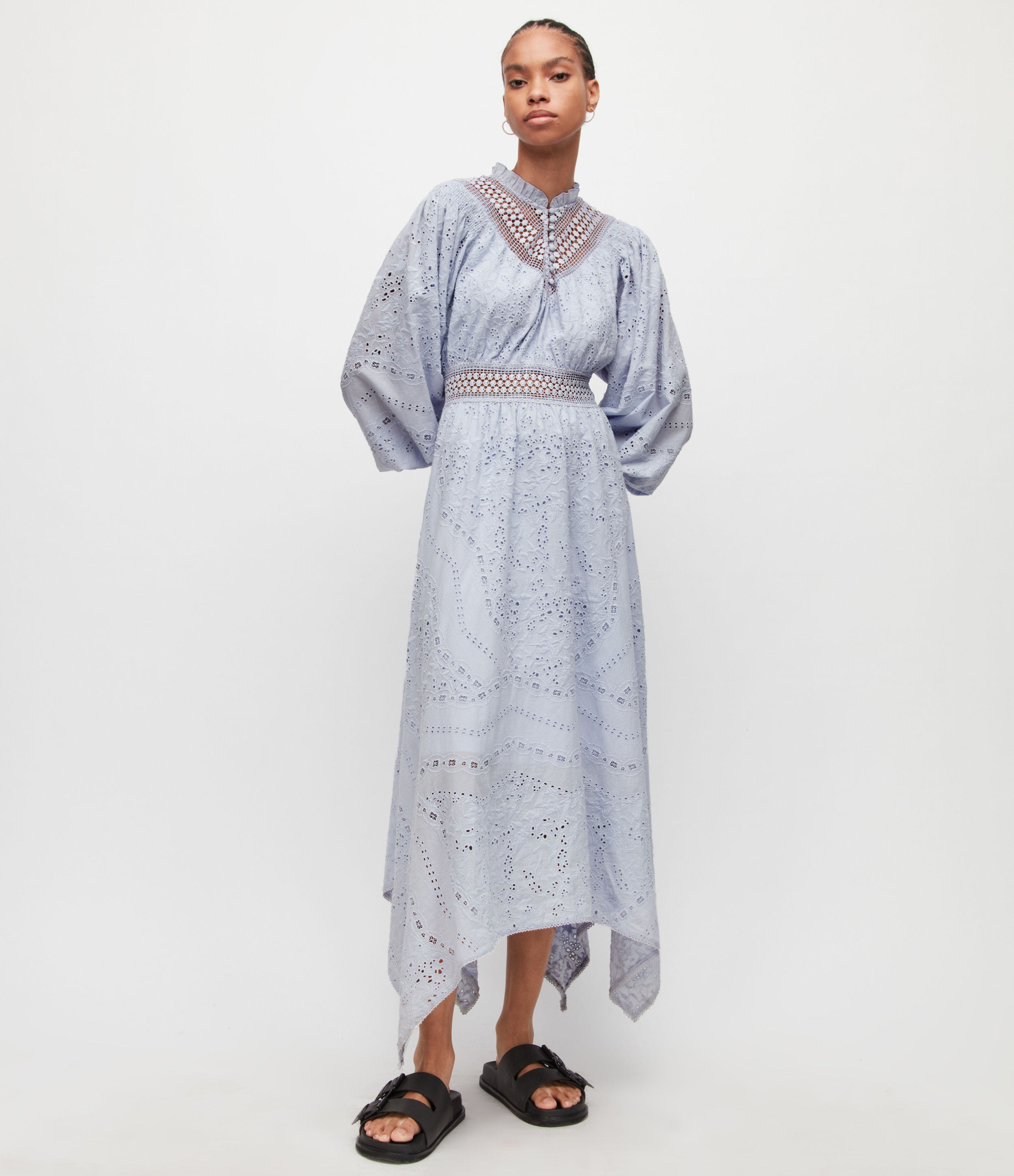 AllSaints Women’s Cotton Gen Broderie Maxi Dress, Blue and White, Size: 8
