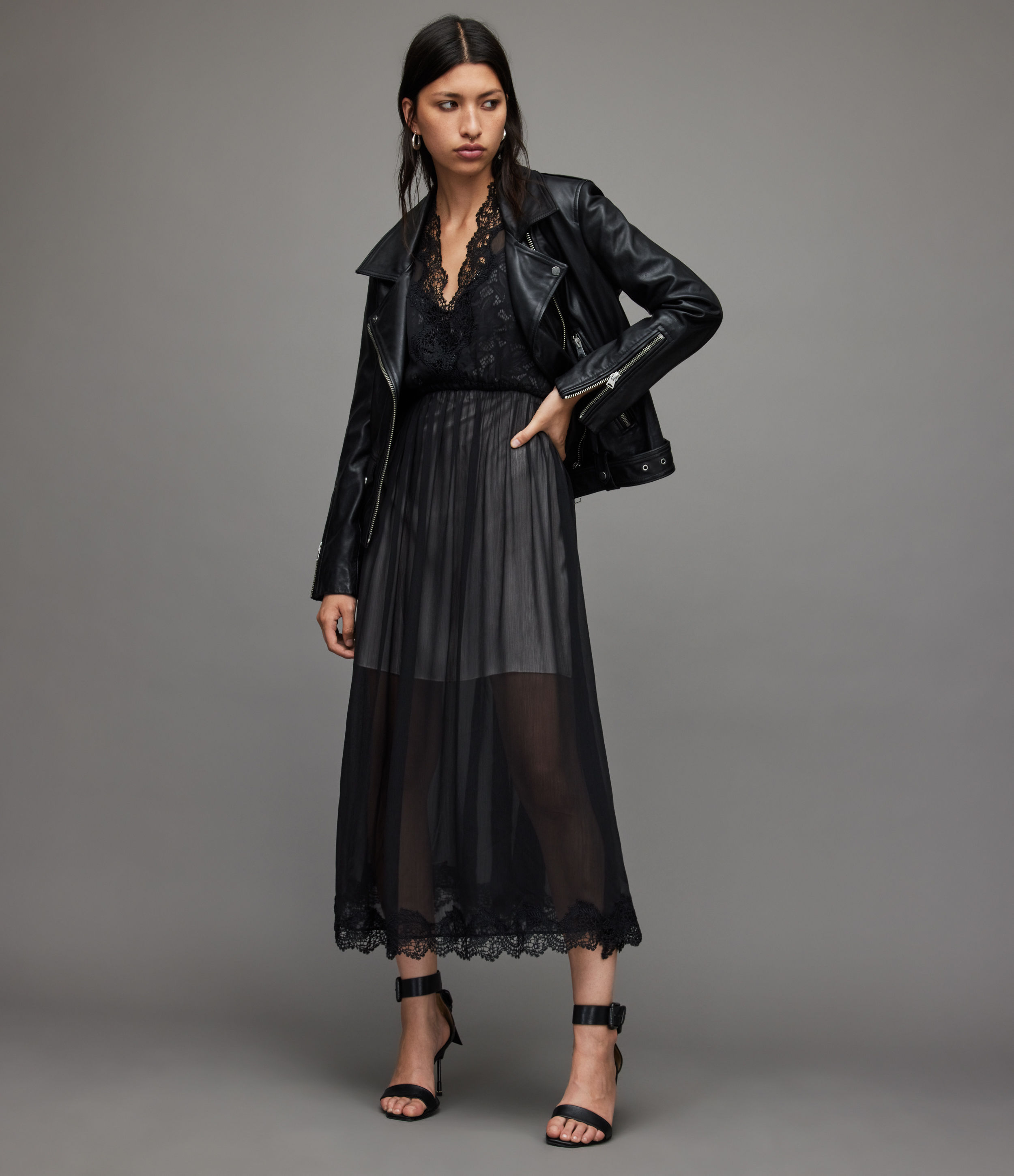 AllSaints Women's Sara Lace Maxi Dress, Black/champagne, Size: 6