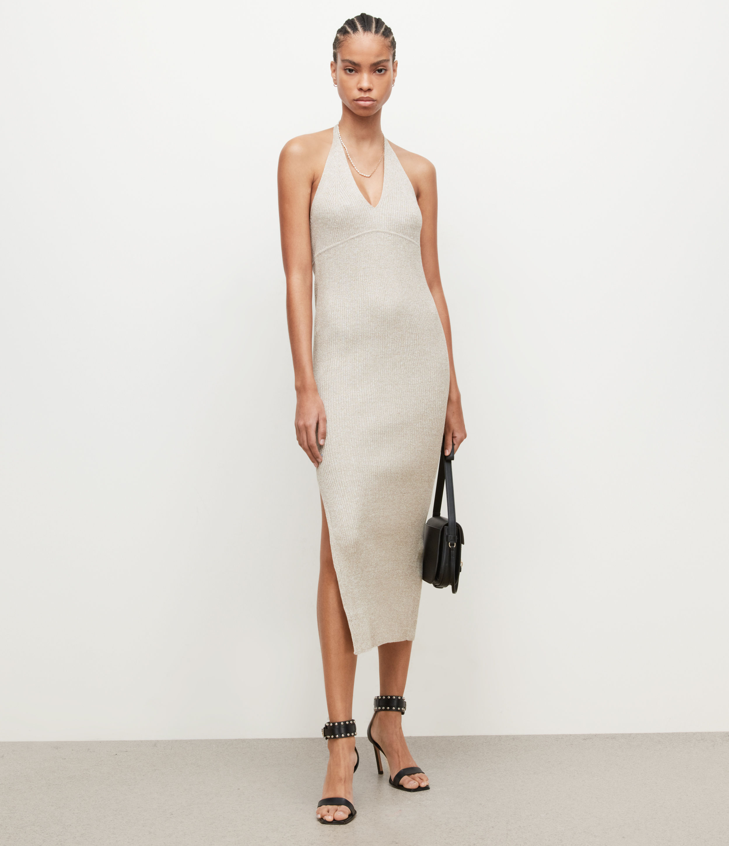 AllSaints Women’s Lexi Halter Neck Dress, Silver, Size: M