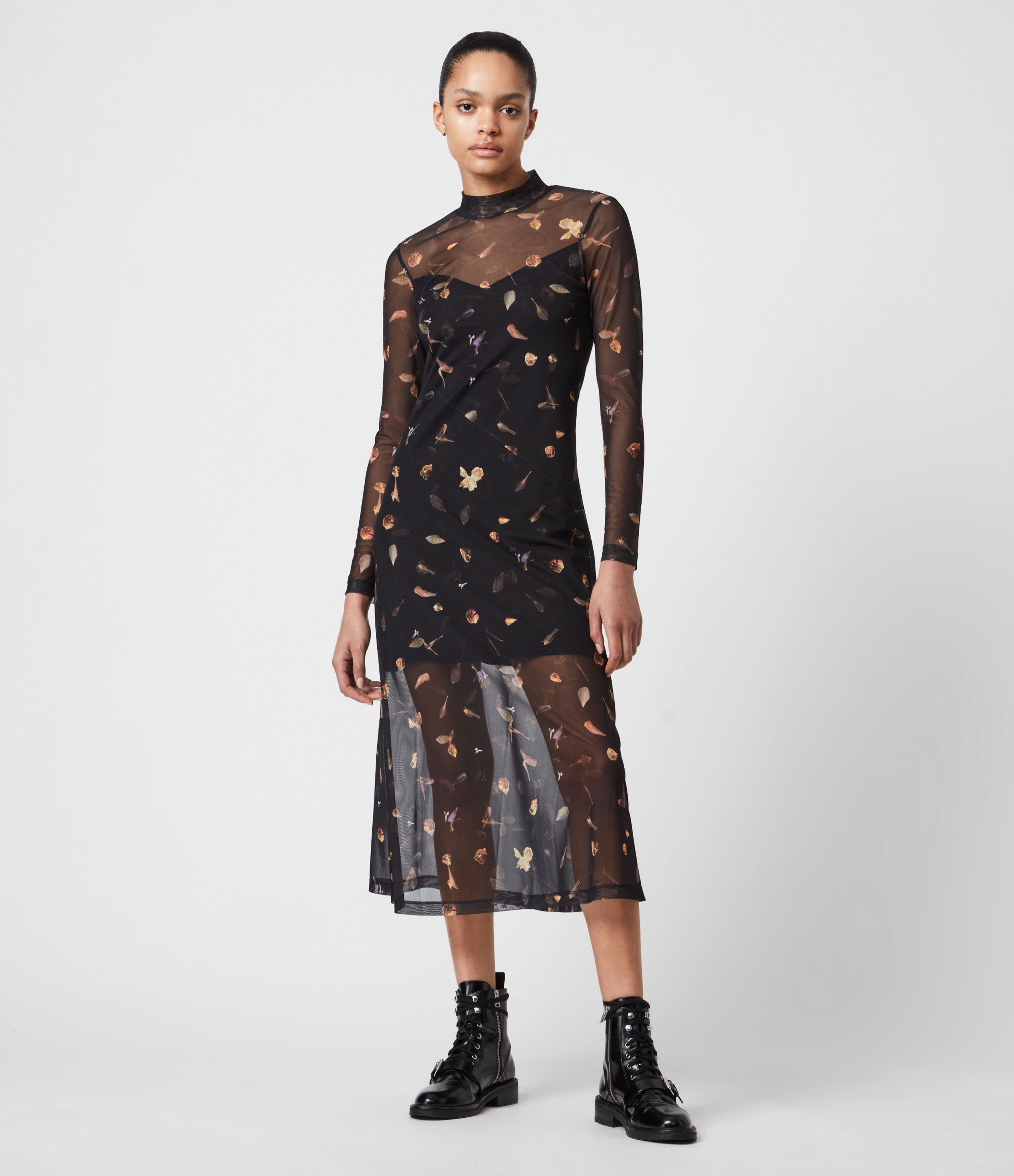 Allsaints Hanna Floral-print Mesh Midi Dress In Black | ModeSens