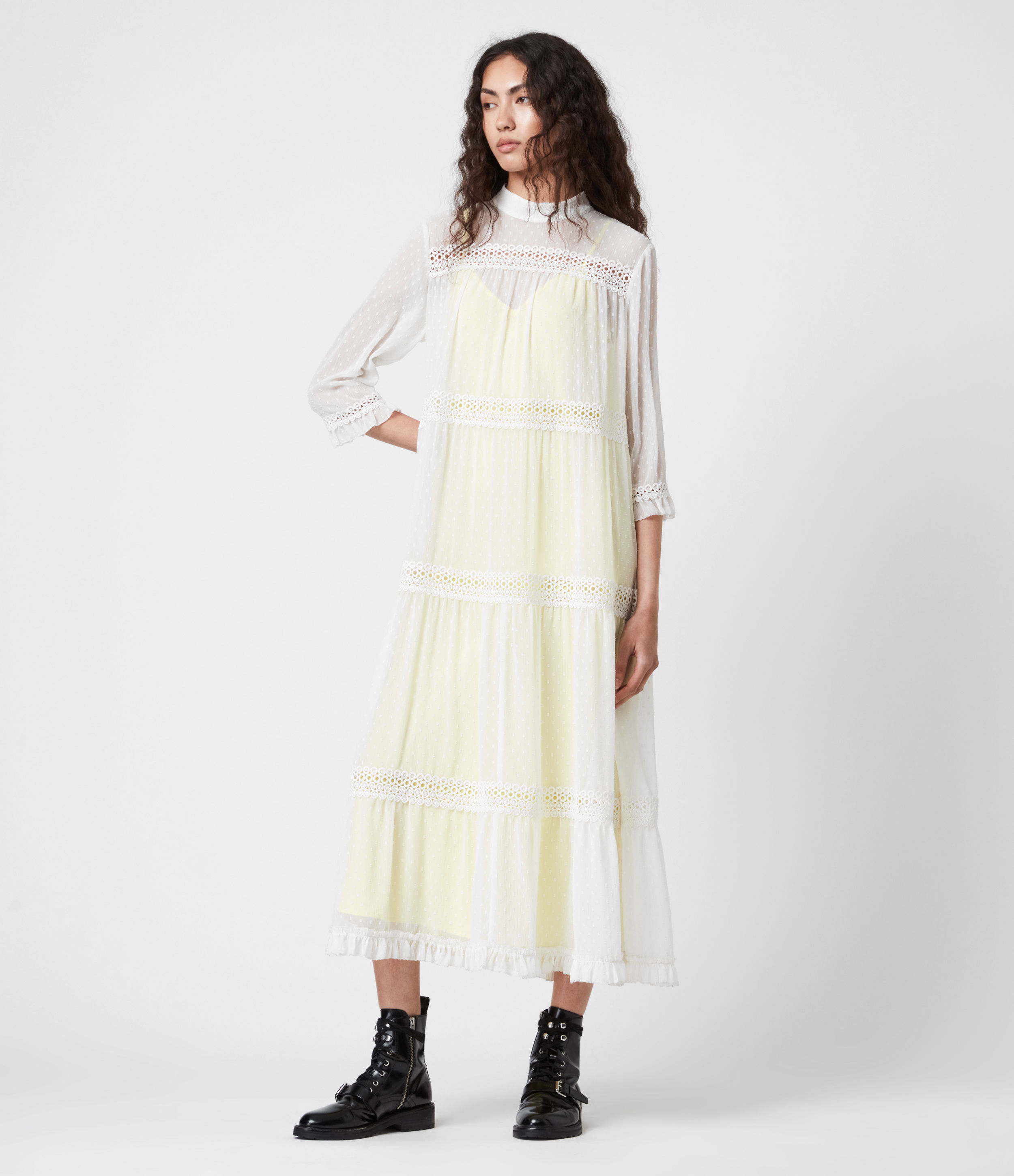 Allsaints Ima Dobby Dress In Chalk White/yellow | ModeSens