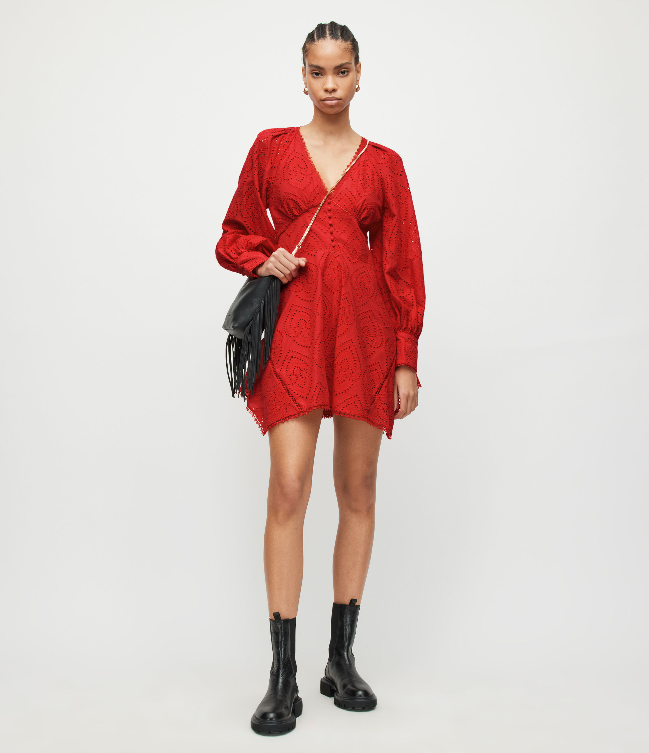 AllSaints Women’s Women’s Lace Summer Irina Broderie Mini Dress, Red, Size: 14, Red