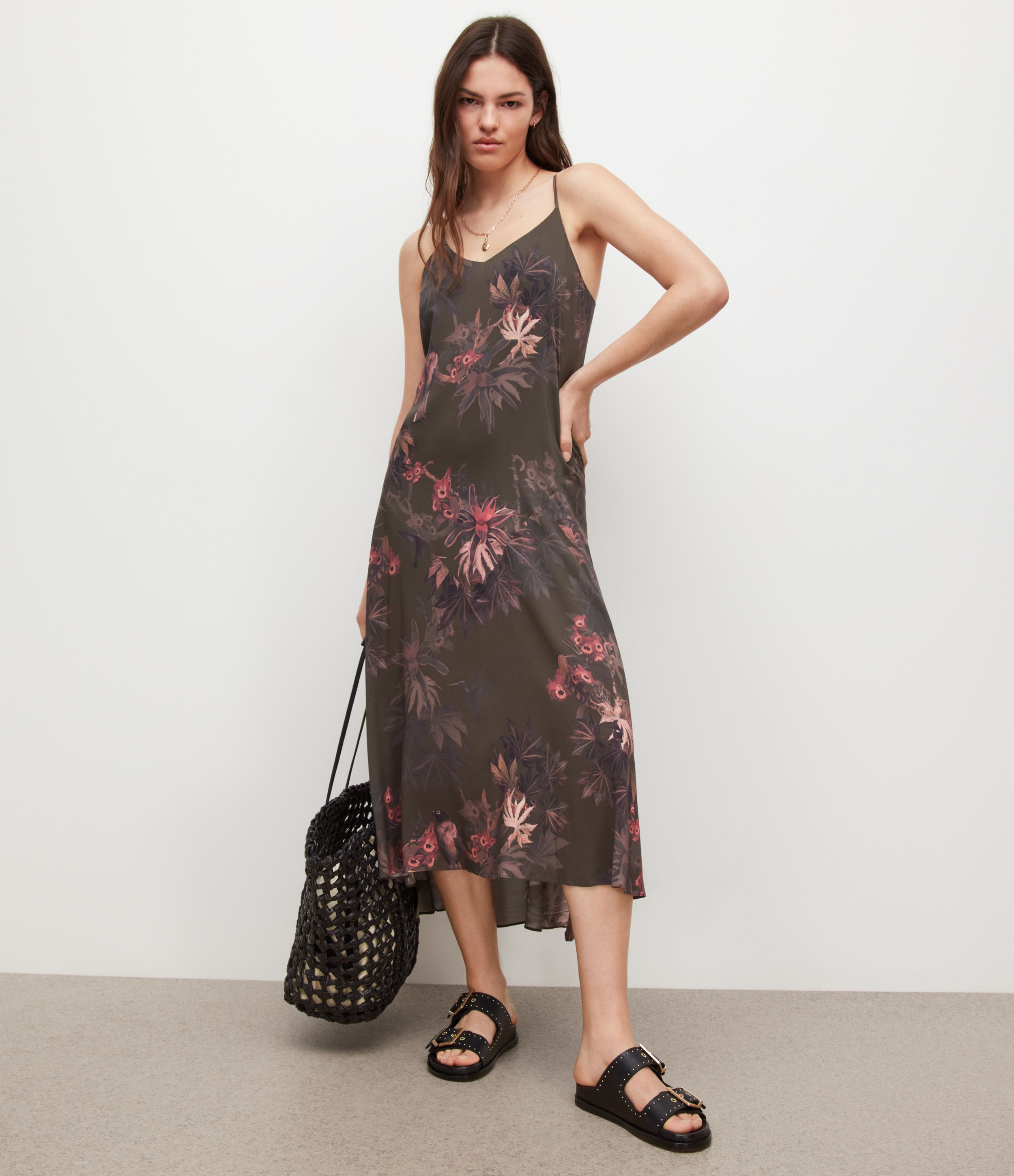 AllSaints Women’s Essey Nila Dress, Khaki/Pink, Size: 14