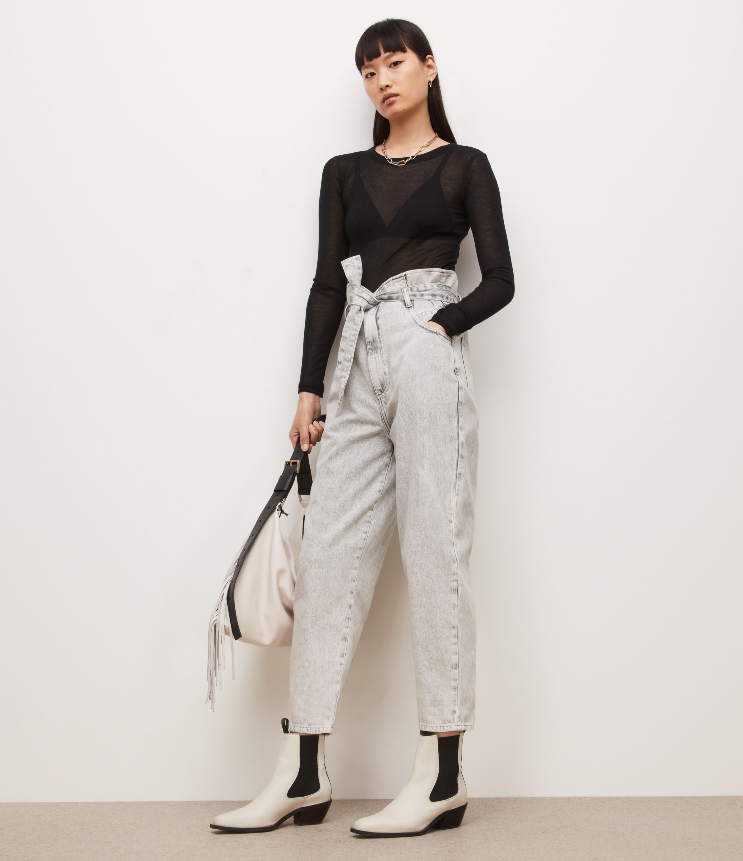 AllSaints Women’s Sammy High-Rise Paperbag Jeans, Snow Grey, Size: 10