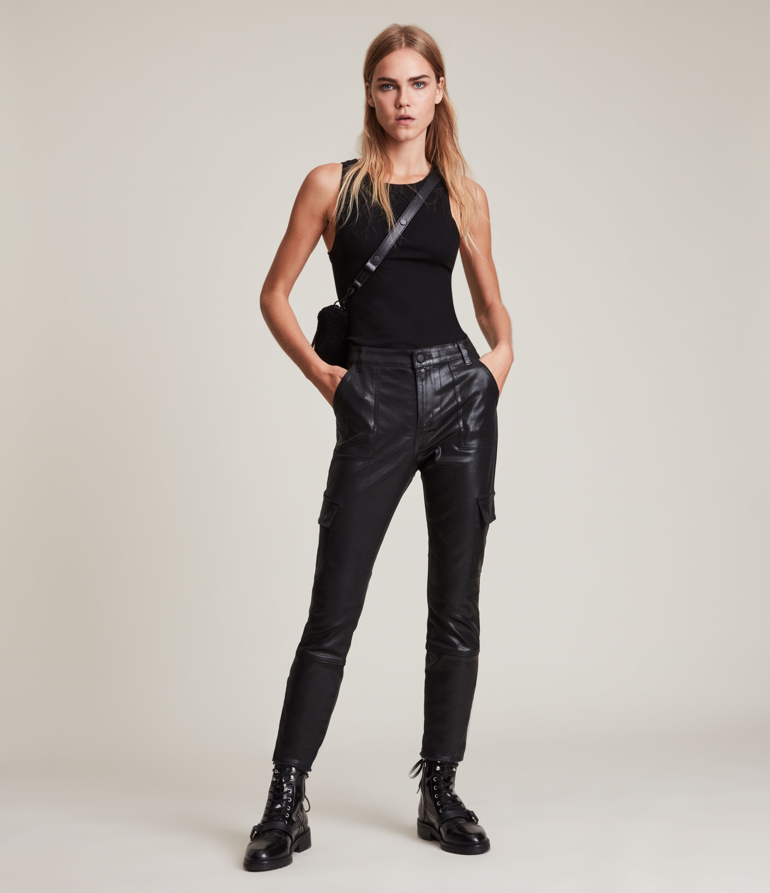 AllSaints Women's Duran Mid-Rise Coated Skinny Cargo Jeans, Black, Size: 27