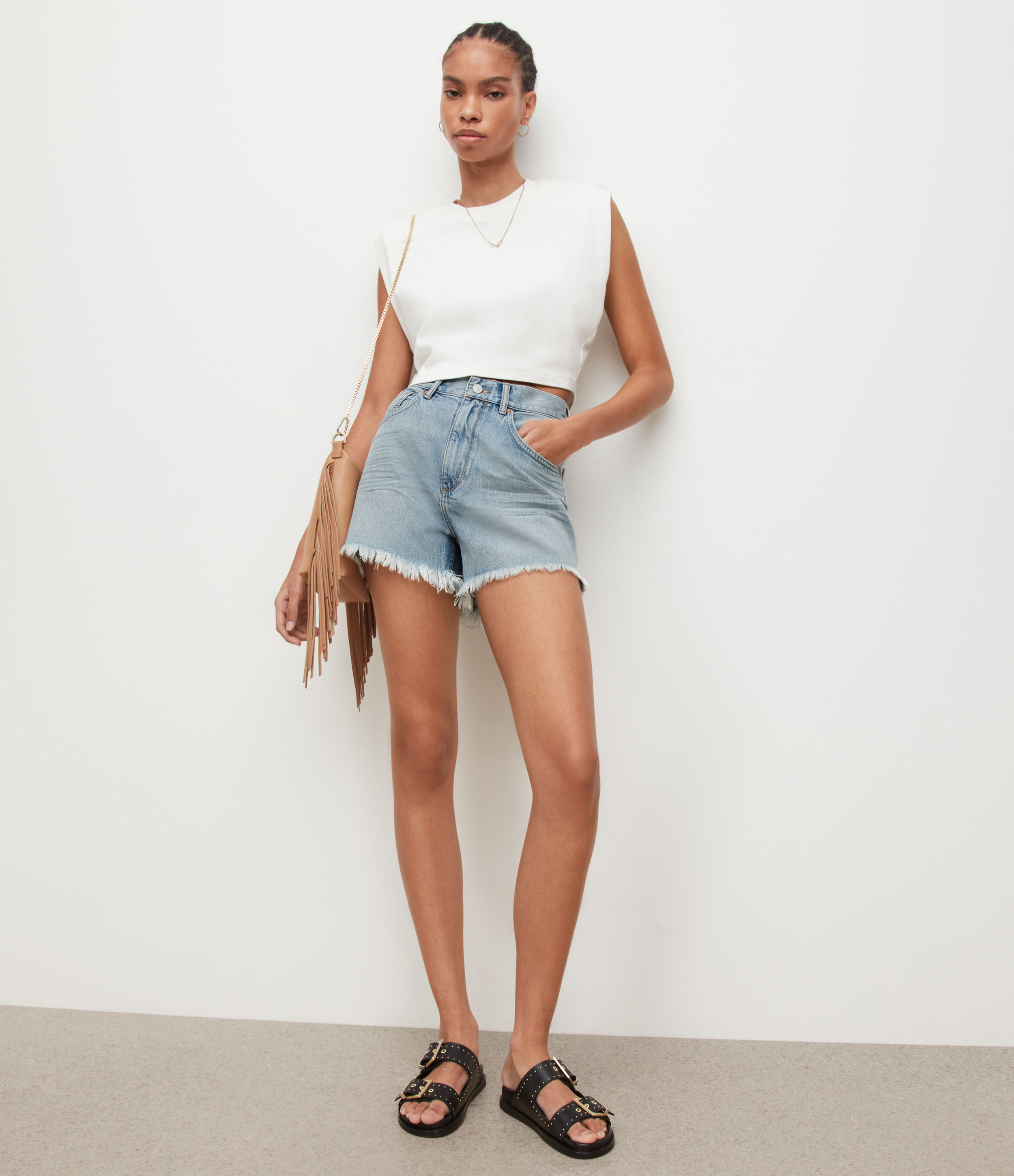 AllSaints Women's Yazi High-Rise Denim Shorts, Light Indigo, Size: 31