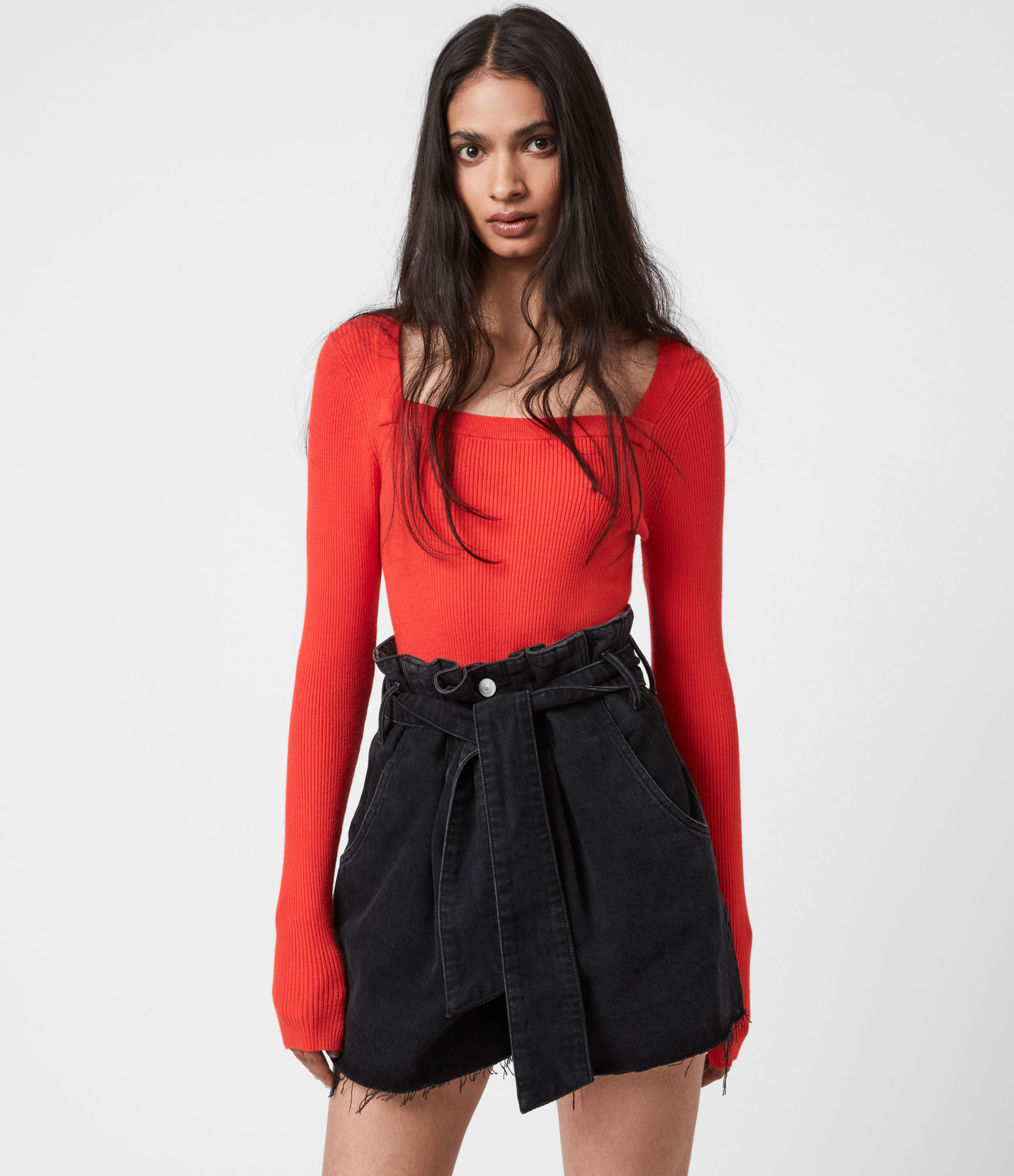 Allsaints Bardi Square Neck Ribbed Top In Flame Red