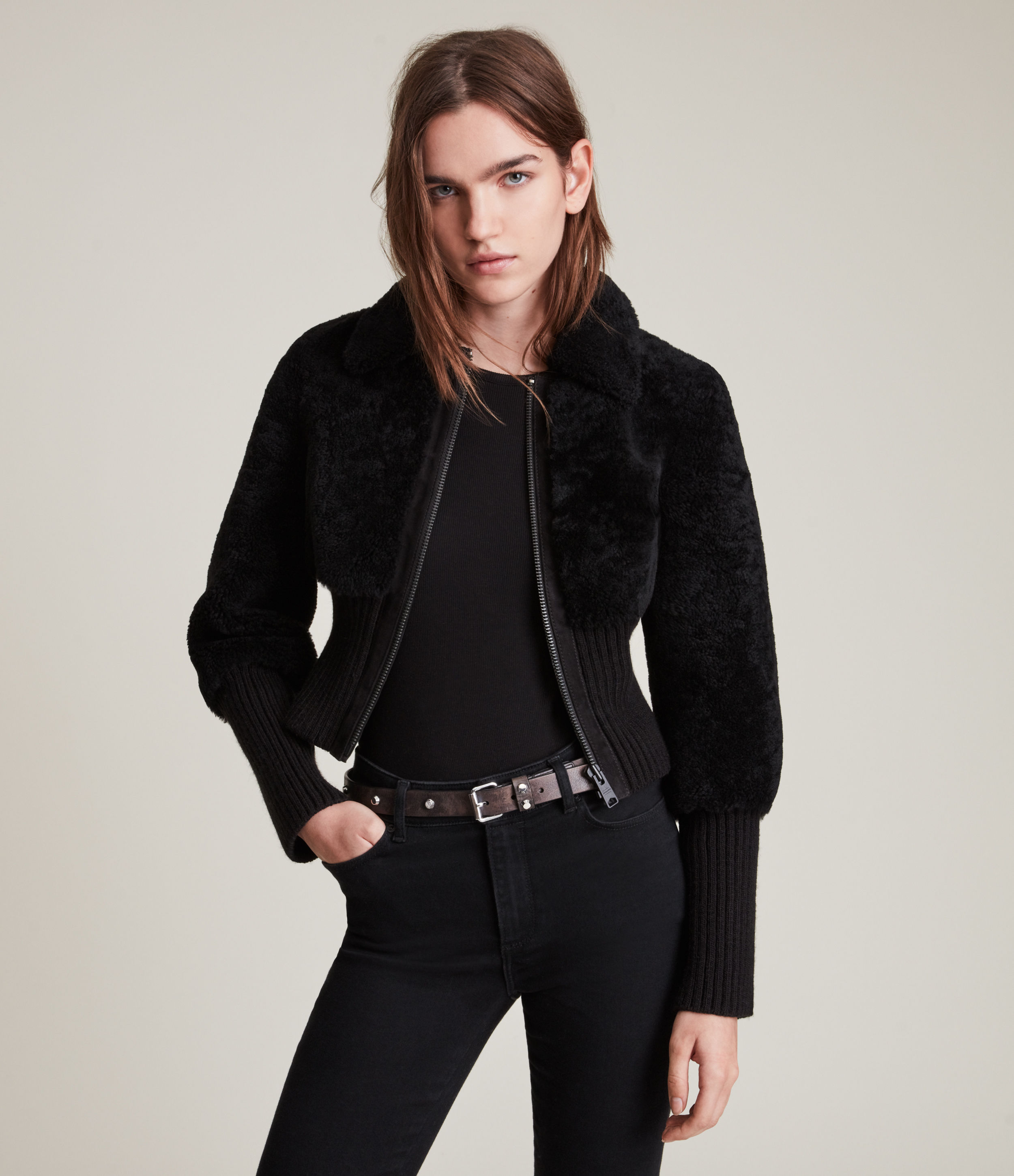AllSaints Women's Adria Shearling Bomber Jacket, Black, Size: XS